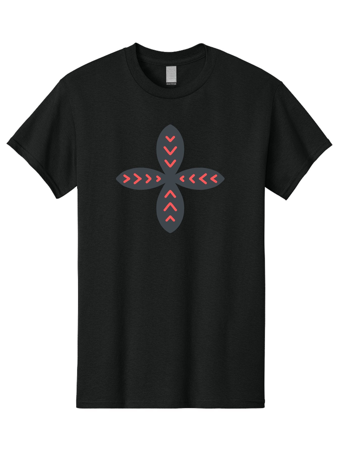 Flower-With-Chevron-Patterns Men'S Graphic Tee, 100% Cotton, Comfortable Casual Summer Wear, Machine Washable, Four Leaf Clover, Red Arrow Motifs, Dark Gray Leaves, Red Chevrons, Symmetrical Design, Abstract Logo, Modern Graphic Design Aab740 13
