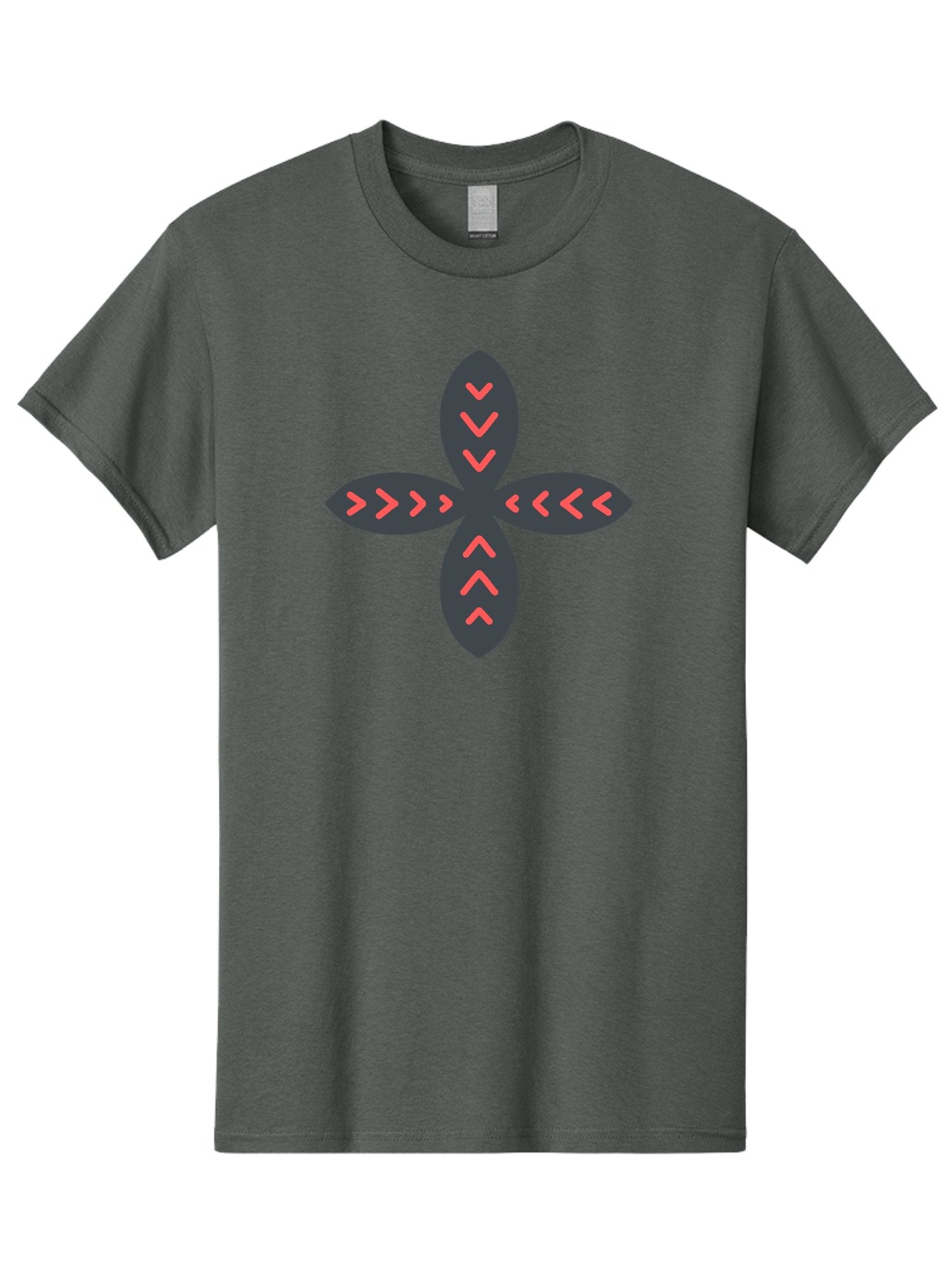 Flower-With-Chevron-Patterns Men'S Graphic Tee, 100% Cotton, Comfortable Casual Summer Wear, Machine Washable, Four Leaf Clover, Red Arrow Motifs, Dark Gray Leaves, Red Chevrons, Symmetrical Design, Abstract Logo, Modern Graphic Design Aab740