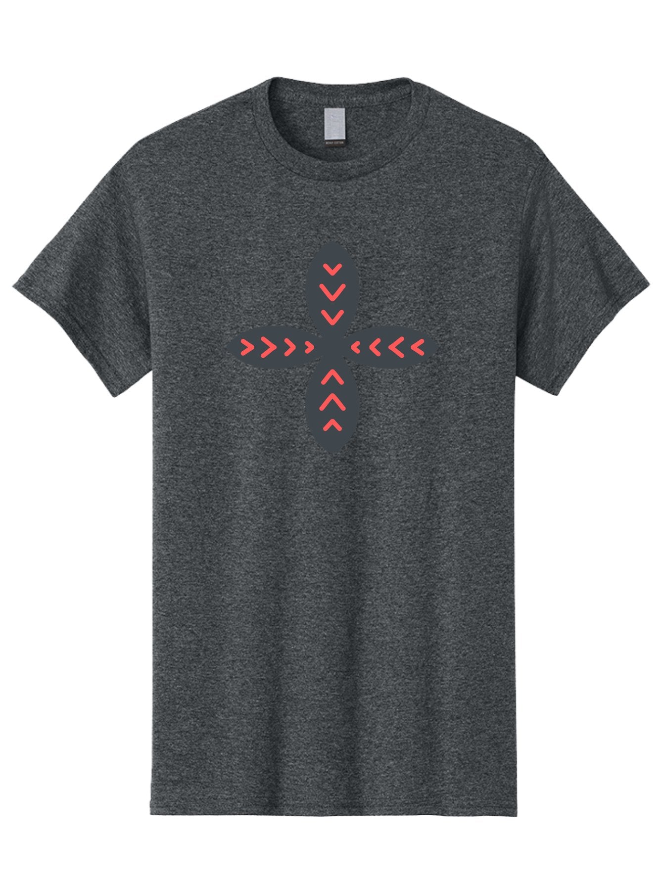 Flower-With-Chevron-Patterns Men'S Graphic Tee, 100% Cotton, Comfortable Casual Summer Wear, Machine Washable, Four Leaf Clover, Red Arrow Motifs, Dark Gray Leaves, Red Chevrons, Symmetrical Design, Abstract Logo, Modern Graphic Design Aab740 9