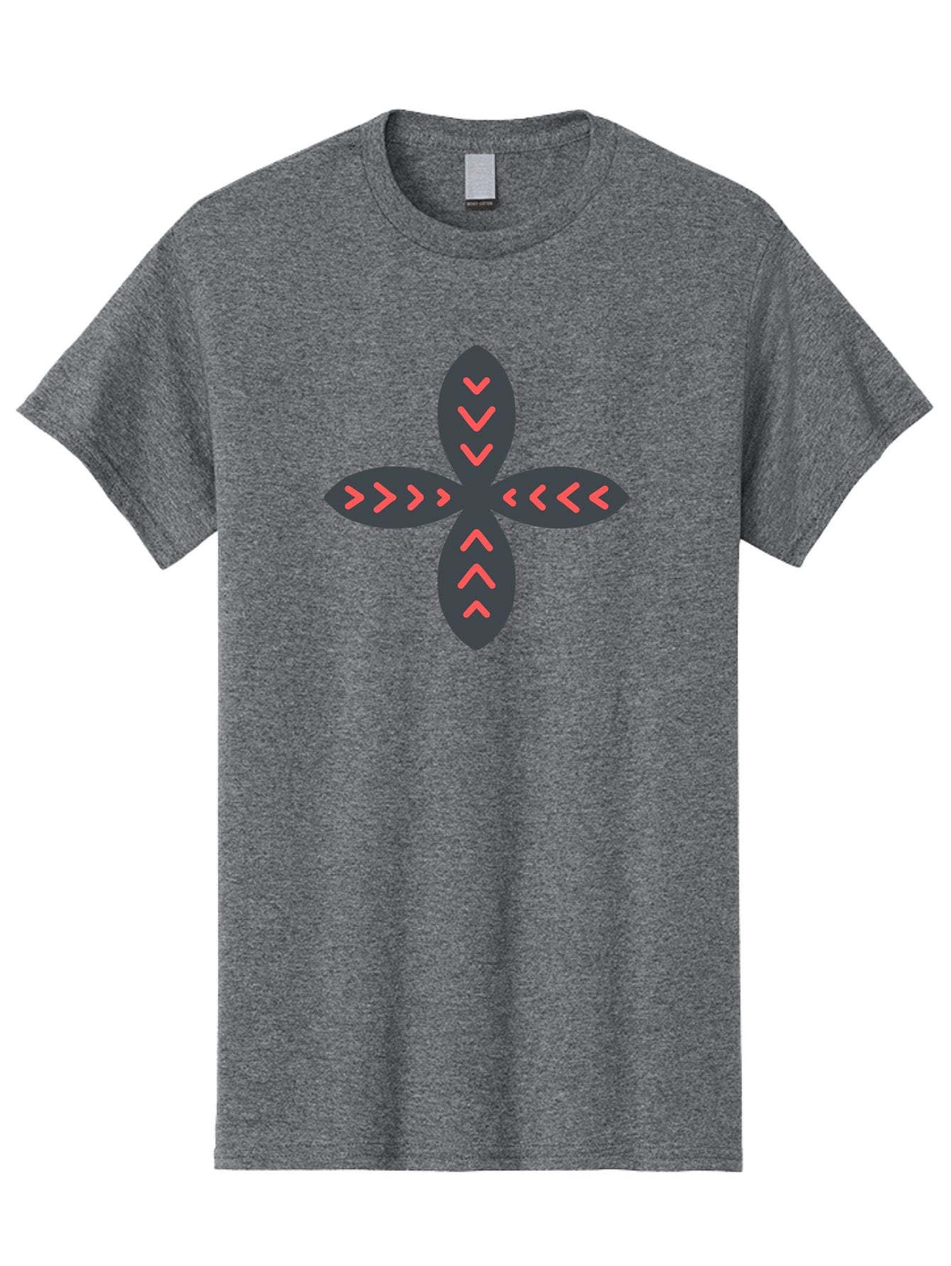 Flower-With-Chevron-Patterns Men'S Graphic Tee, 100% Cotton, Comfortable Casual Summer Wear, Machine Washable, Four Leaf Clover, Red Arrow Motifs, Dark Gray Leaves, Red Chevrons, Symmetrical Design, Abstract Logo, Modern Graphic Design Aab740 6