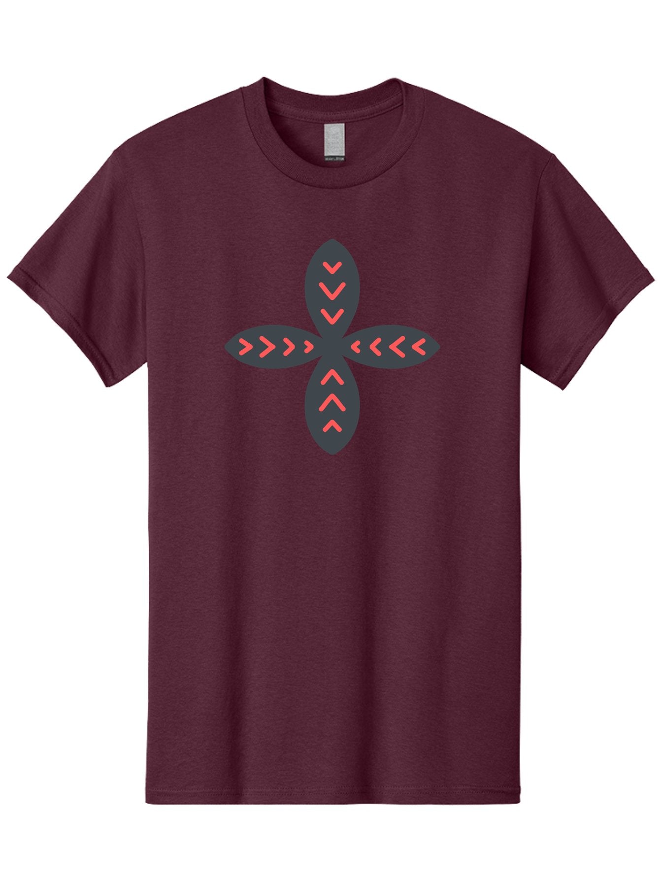 Flower-With-Chevron-Patterns Men'S Graphic Tee, 100% Cotton, Comfortable Casual Summer Wear, Machine Washable, Four Leaf Clover, Red Arrow Motifs, Dark Gray Leaves, Red Chevrons, Symmetrical Design, Abstract Logo, Modern Graphic Design Aab740 8