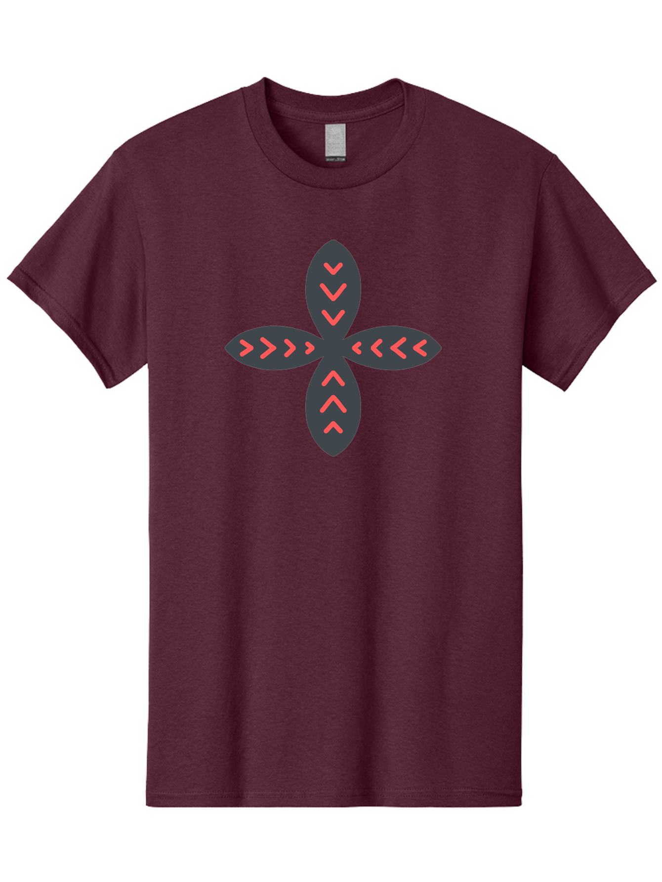 Flower-With-Chevron-Patterns Men'S Graphic Tee, 100% Cotton, Comfortable Casual Summer Wear, Machine Washable, Four Leaf Clover, Red Arrow Motifs, Dark Gray Leaves, Red Chevrons, Symmetrical Design, Abstract Logo, Modern Graphic Design Aab740 11