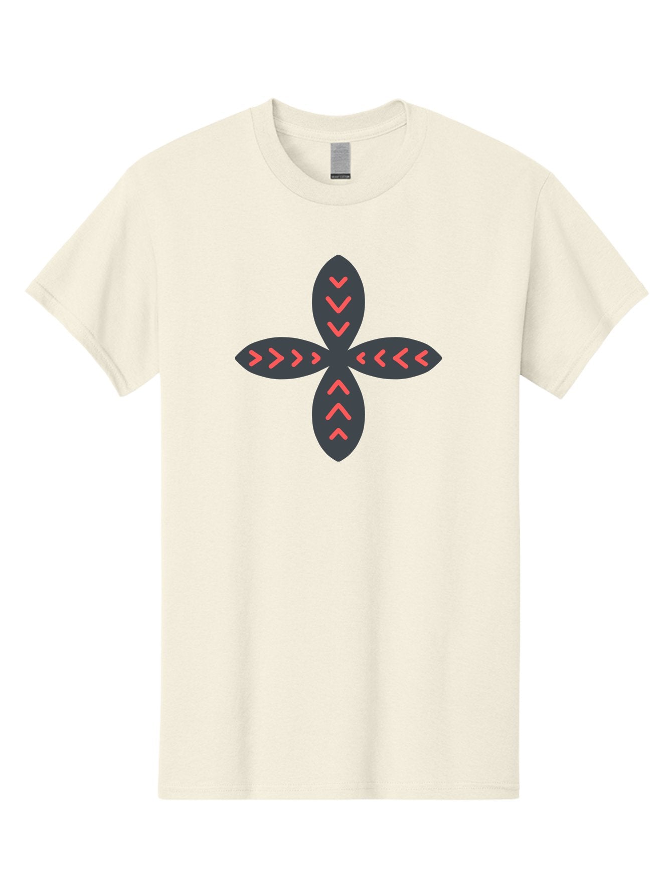Flower-With-Chevron-Patterns Men'S Graphic Tee, 100% Cotton, Comfortable Casual Summer Wear, Machine Washable, Four Leaf Clover, Red Arrow Motifs, Dark Gray Leaves, Red Chevrons, Symmetrical Design, Abstract Logo, Modern Graphic Design Aab740 15