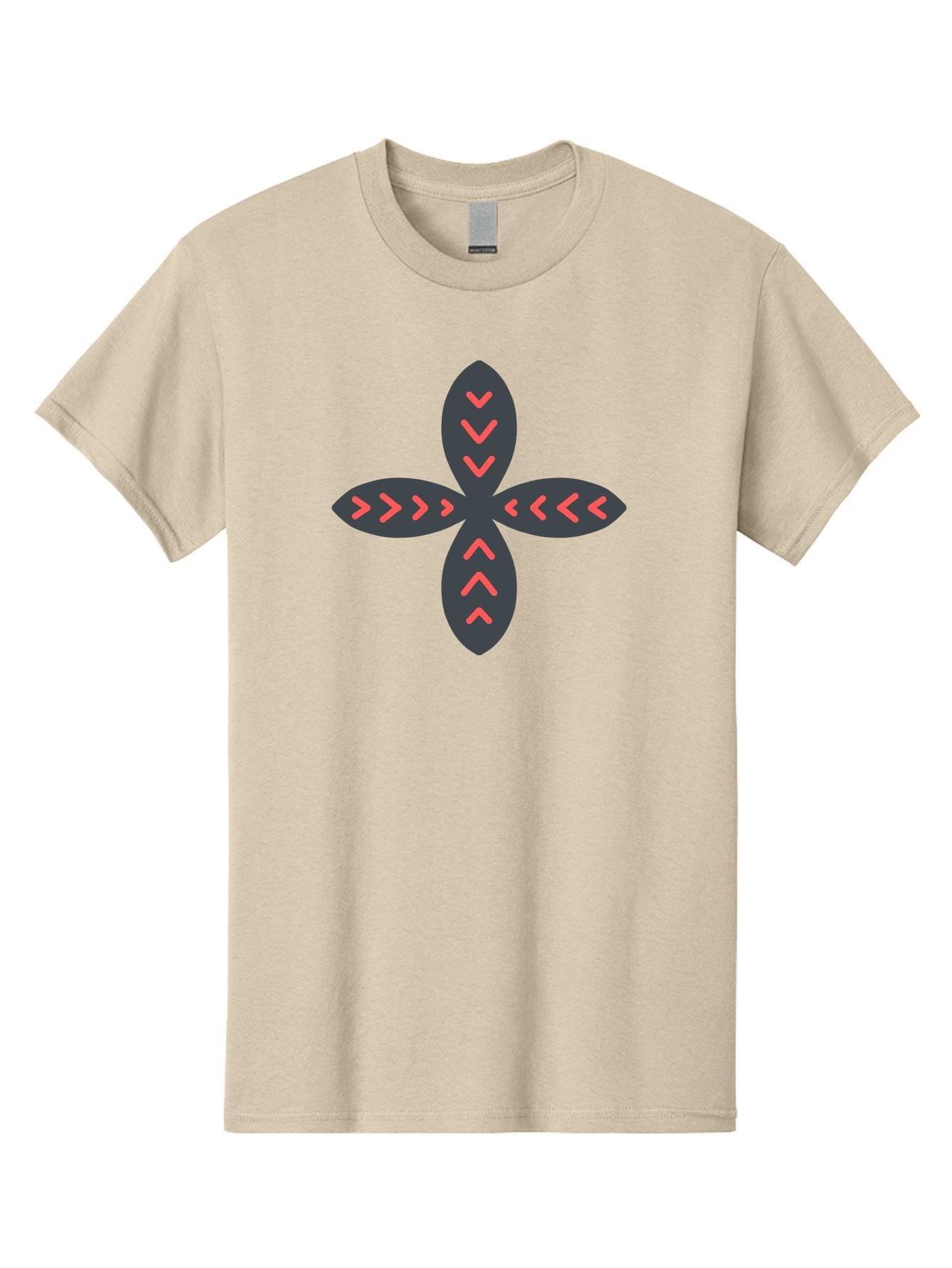 Flower-With-Chevron-Patterns Men'S Graphic Tee, 100% Cotton, Comfortable Casual Summer Wear, Machine Washable, Four Leaf Clover, Red Arrow Motifs, Dark Gray Leaves, Red Chevrons, Symmetrical Design, Abstract Logo, Modern Graphic Design Aab740 3