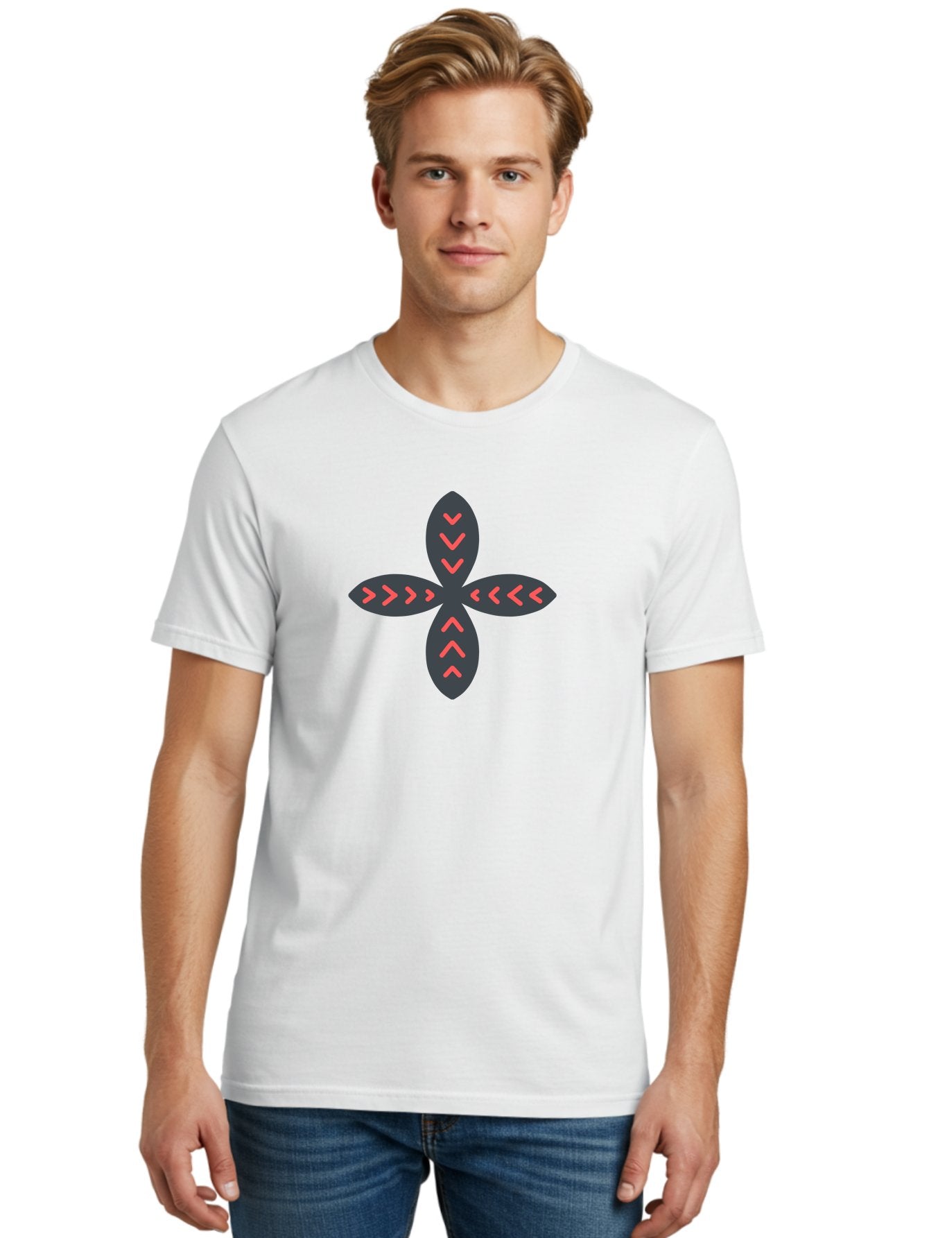 Flower-With-Chevron-Patterns Men'S Graphic Tee, 100% Cotton, Comfortable Casual Summer Wear, Machine Washable, Four Leaf Clover, Red Arrow Motifs, Dark Gray Leaves, Red Chevrons, Symmetrical Design, Abstract Logo, Modern Graphic Design Aab740 23