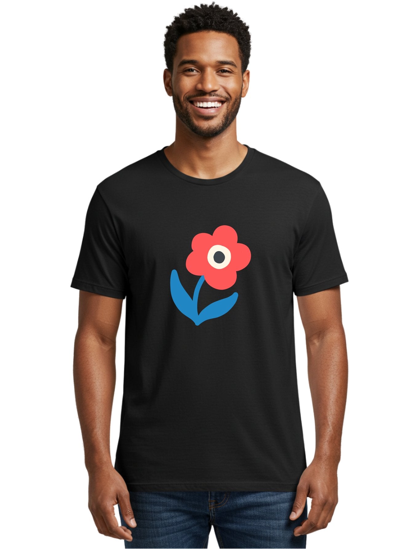 Flower-With-Eye Men'S Graphic Tee, 100% Cotton, Comfortable Casual Summer Wear, Machine Washable, Red Flower, Blue Leaves, White And Black Center, Simple Illustration, Minimalist Design, Childrens Art, Cartoon Flower, Playful Graphics Aab741 18