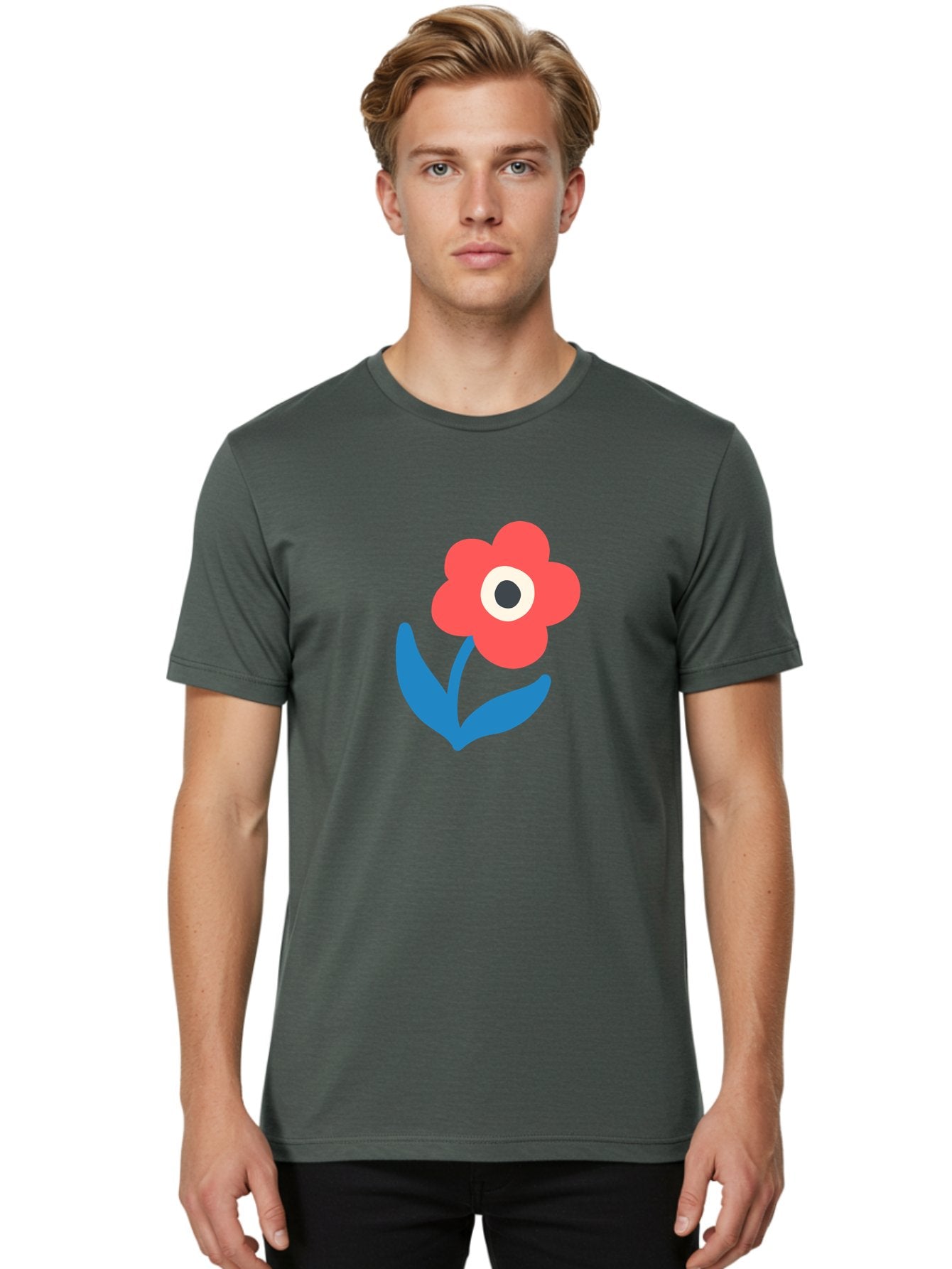 Flower-With-Eye Men'S Graphic Tee, 100% Cotton, Comfortable Casual Summer Wear, Machine Washable, Red Flower, Blue Leaves, White And Black Center, Simple Illustration, Minimalist Design, Childrens Art, Cartoon Flower, Playful Graphics Aab741 22