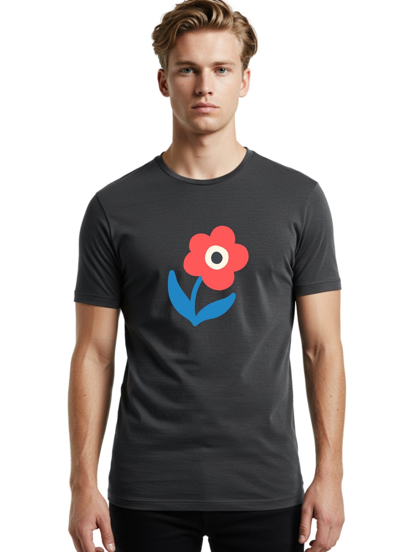 Flower-With-Eye Men'S Graphic Tee, 100% Cotton, Comfortable Casual Summer Wear, Machine Washable, Red Flower, Blue Leaves, White And Black Center, Simple Illustration, Minimalist Design, Childrens Art, Cartoon Flower, Playful Graphics Aab741 19