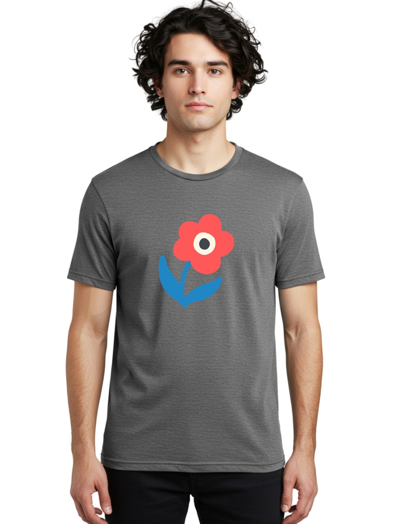 Flower-With-Eye Men'S Graphic Tee, 100% Cotton, Comfortable Casual Summer Wear, Machine Washable, Red Flower, Blue Leaves, White And Black Center, Simple Illustration, Minimalist Design, Childrens Art, Cartoon Flower, Playful Graphics Aab741 25