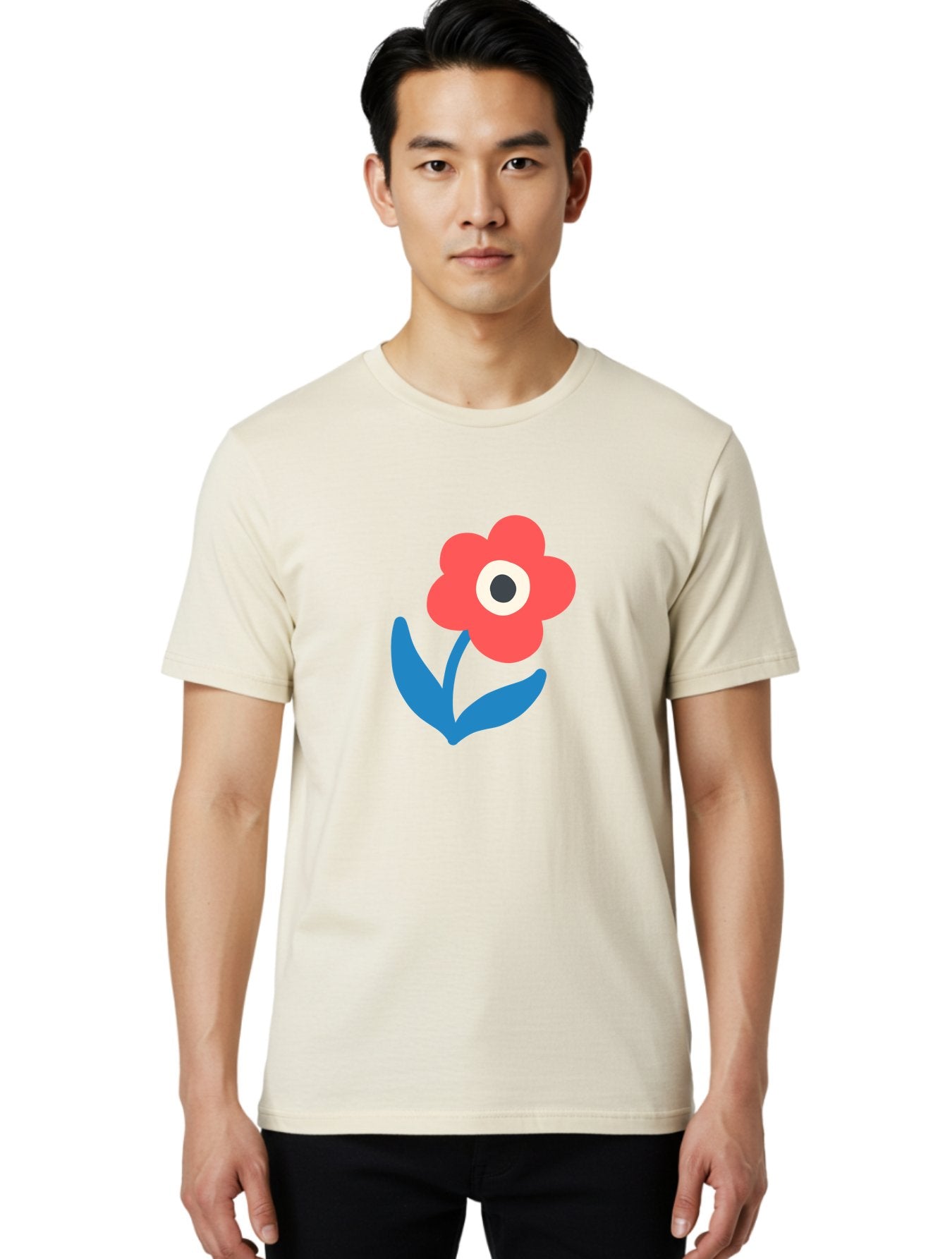 Flower-With-Eye Men'S Graphic Tee, 100% Cotton, Comfortable Casual Summer Wear, Machine Washable, Red Flower, Blue Leaves, White And Black Center, Simple Illustration, Minimalist Design, Childrens Art, Cartoon Flower, Playful Graphics Aab741 24