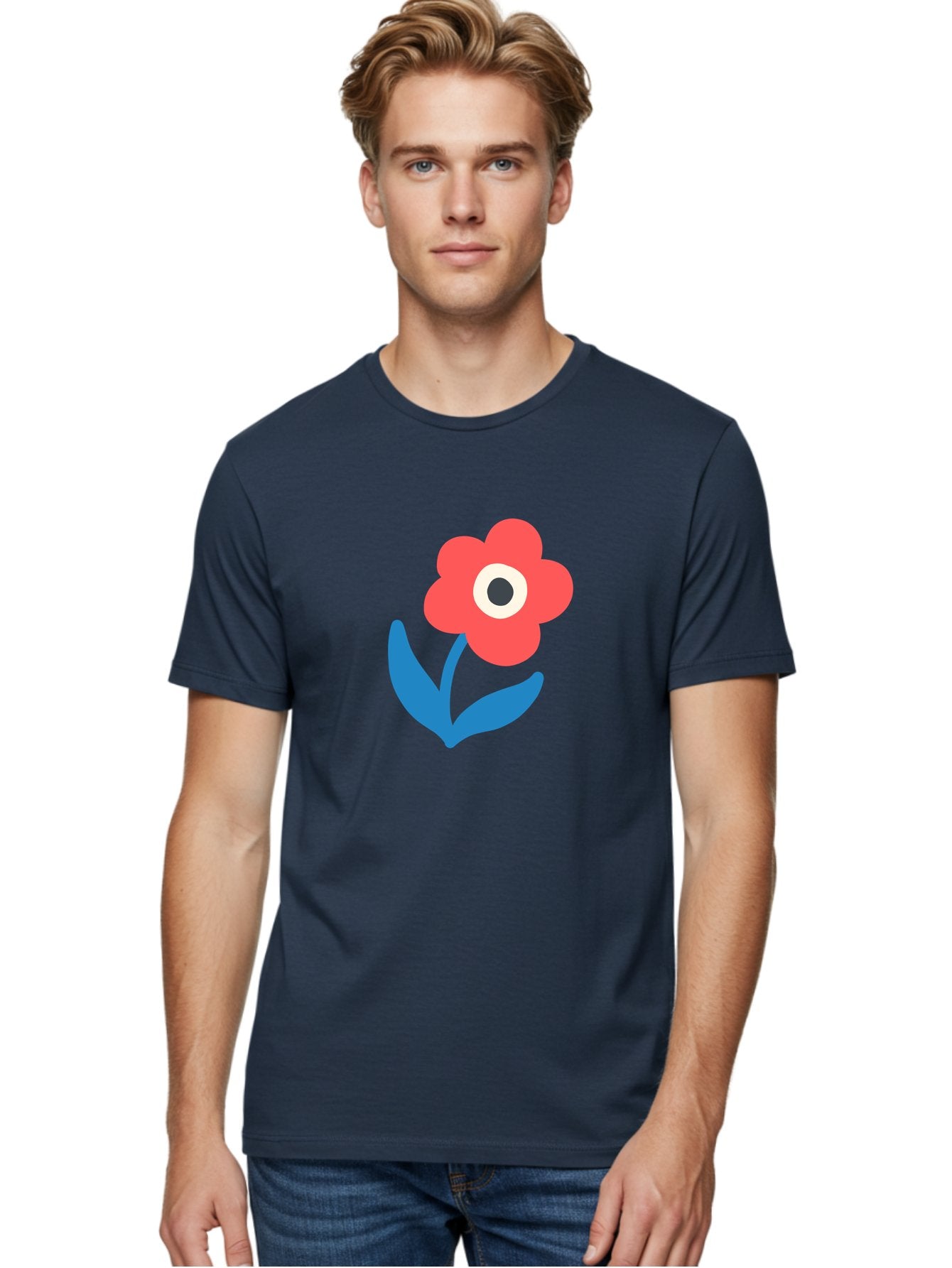 Flower-With-Eye Men'S Graphic Tee, 100% Cotton, Comfortable Casual Summer Wear, Machine Washable, Red Flower, Blue Leaves, White And Black Center, Simple Illustration, Minimalist Design, Childrens Art, Cartoon Flower, Playful Graphics Aab741 27