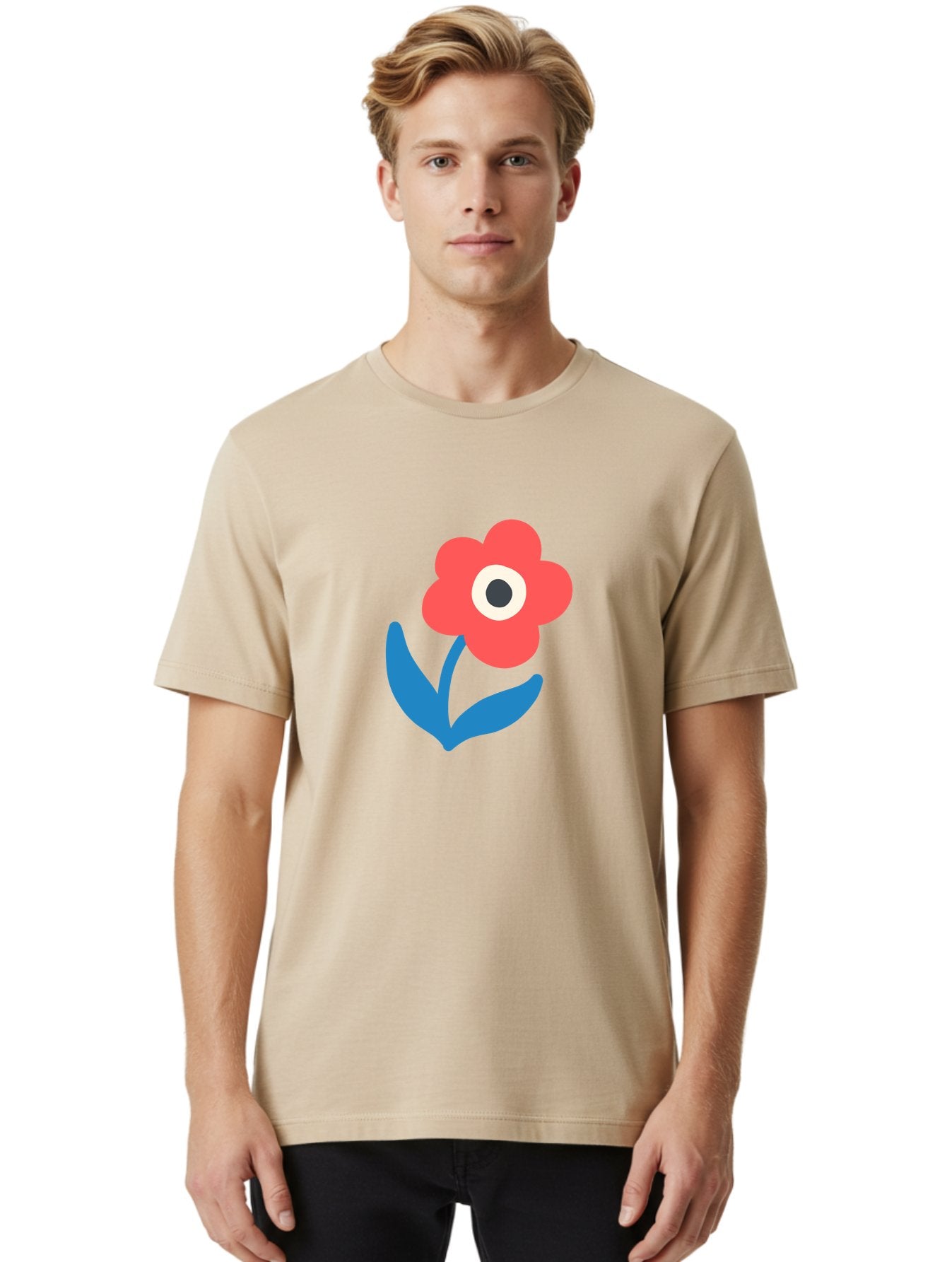 Flower-With-Eye Men'S Graphic Tee, 100% Cotton, Comfortable Casual Summer Wear, Machine Washable, Red Flower, Blue Leaves, White And Black Center, Simple Illustration, Minimalist Design, Childrens Art, Cartoon Flower, Playful Graphics Aab741 20