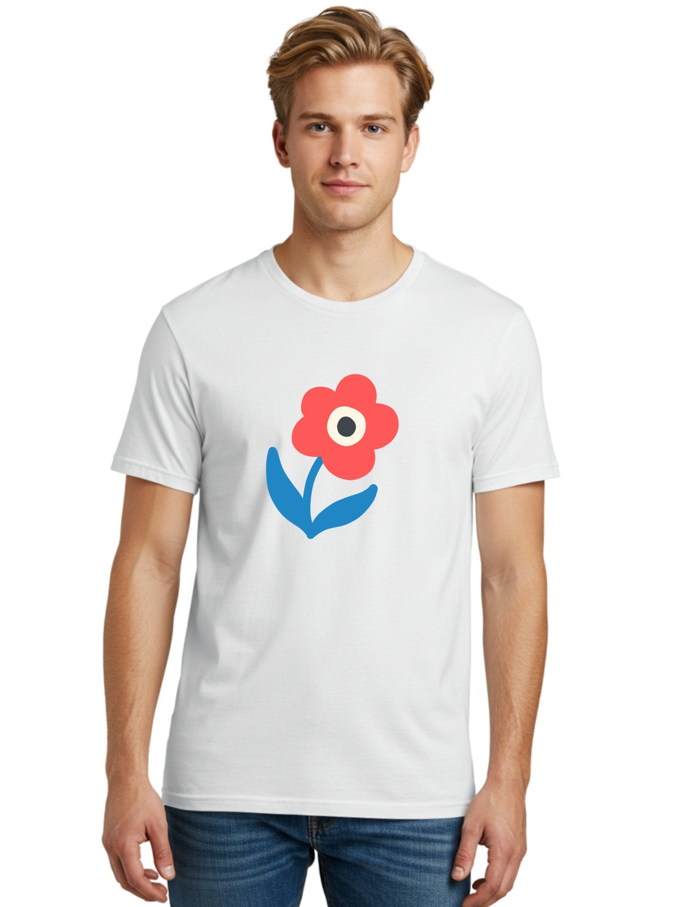 Flower-With-Eye Men'S Graphic Tee, 100% Cotton, Comfortable Casual Summer Wear, Machine Washable, Red Flower, Blue Leaves, White And Black Center, Simple Illustration, Minimalist Design, Childrens Art, Cartoon Flower, Playful Graphics Aab741 30