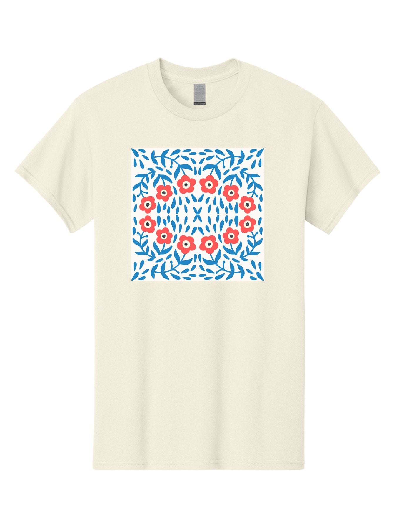 Flowers-Pattern Men'S Graphic Tee, 100% Cotton, Comfortable Casual Summer Wear, Machine Washable, Floral Pattern, Red Flowers, Blue Leaves, White Background, Folk Art, Traditional Design, Floral Arrangement, Vibrant Colors, Aab743 12