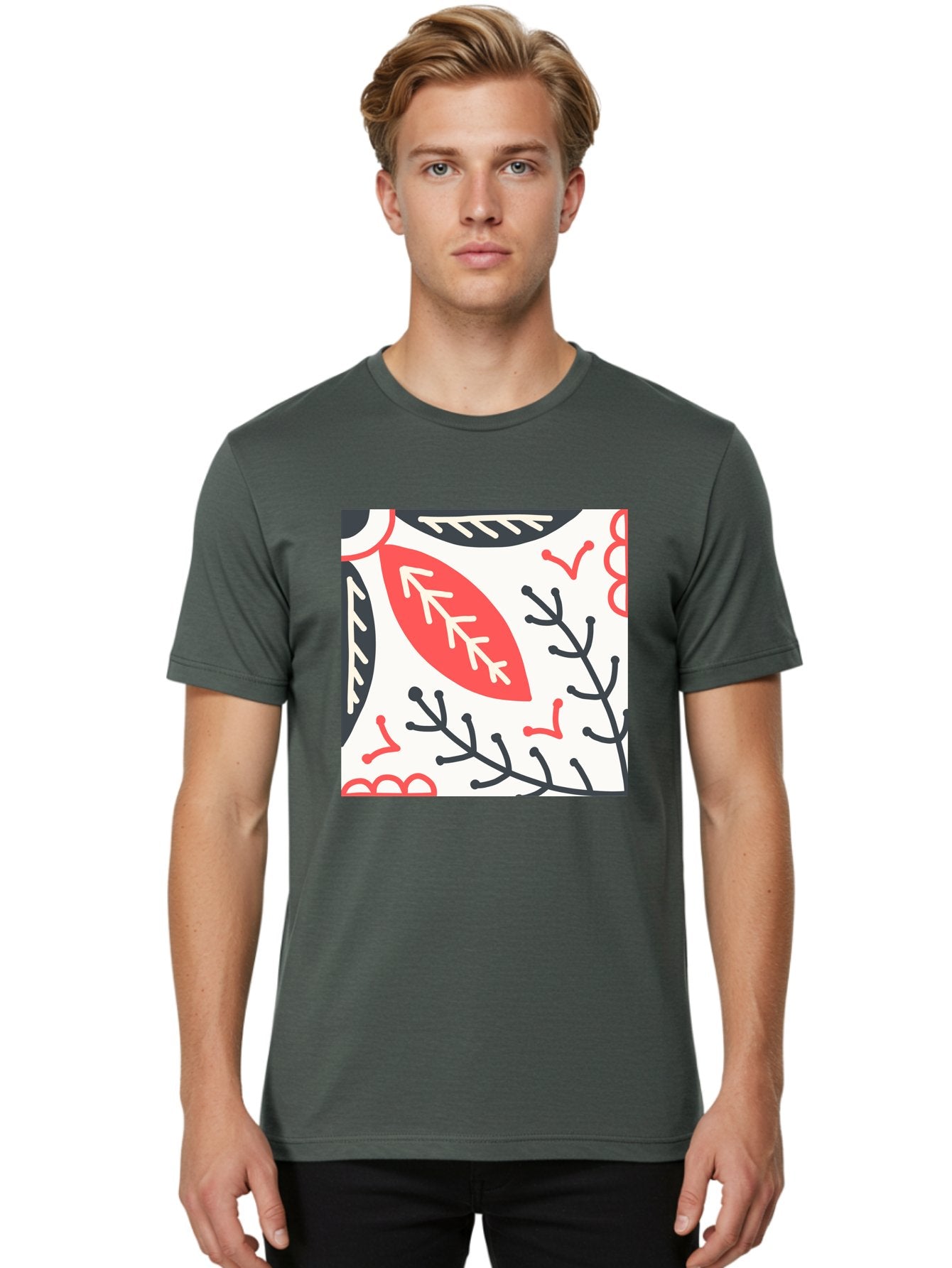 Foliage-Pattern Men'S Graphic Tee, 100% Cotton, Comfortable Casual Summer Wear, Machine Washable, Leaf Pattern, Floral Design, Botanical Art, Red And Black Leaves, Minimalist Style, Abstract Foliage, Decorative Elements, Modern Illustration Aab744 17