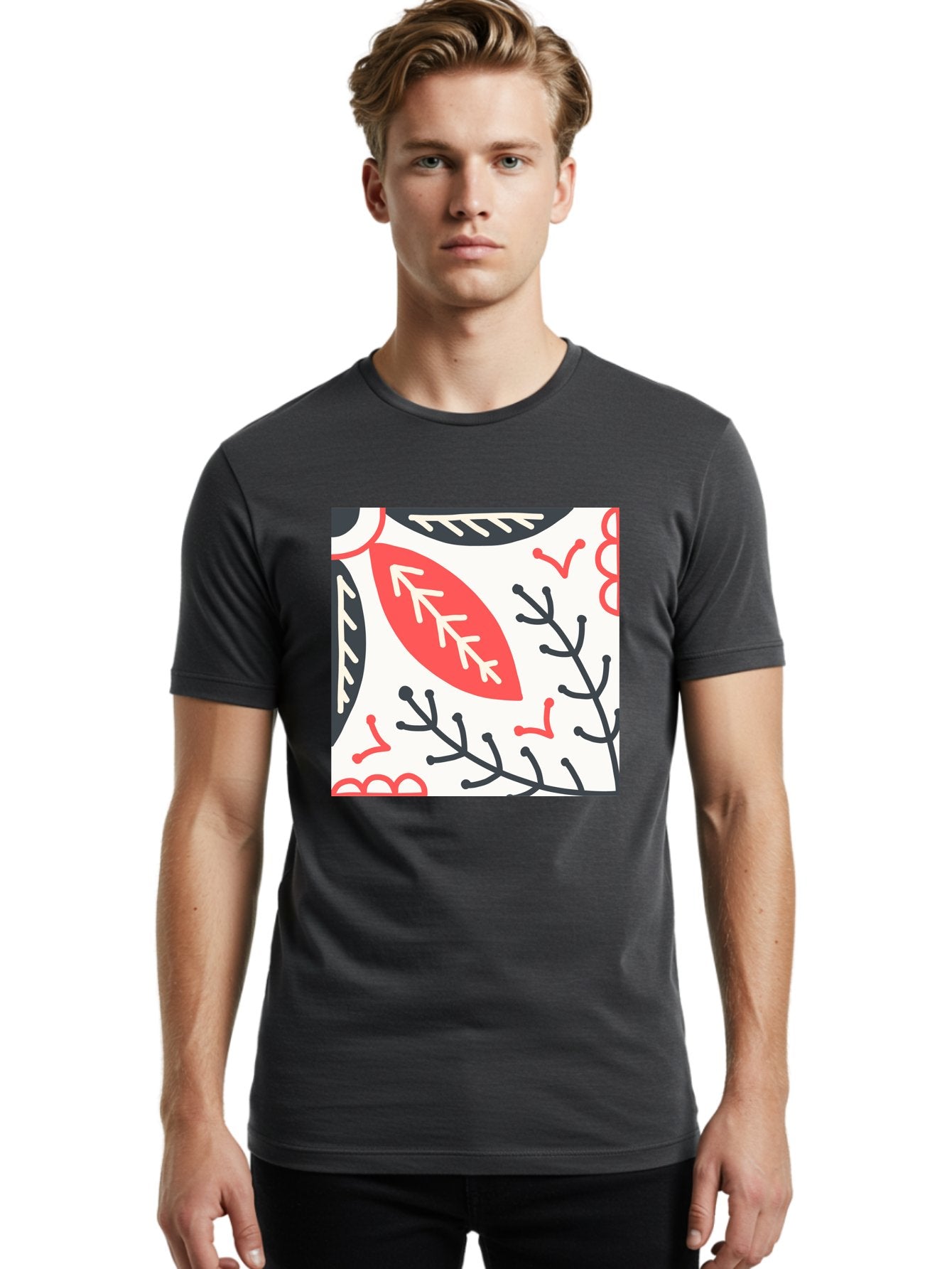 Foliage-Pattern Men'S Graphic Tee, 100% Cotton, Comfortable Casual Summer Wear, Machine Washable, Leaf Pattern, Floral Design, Botanical Art, Red And Black Leaves, Minimalist Style, Abstract Foliage, Decorative Elements, Modern Illustration Aab744 18