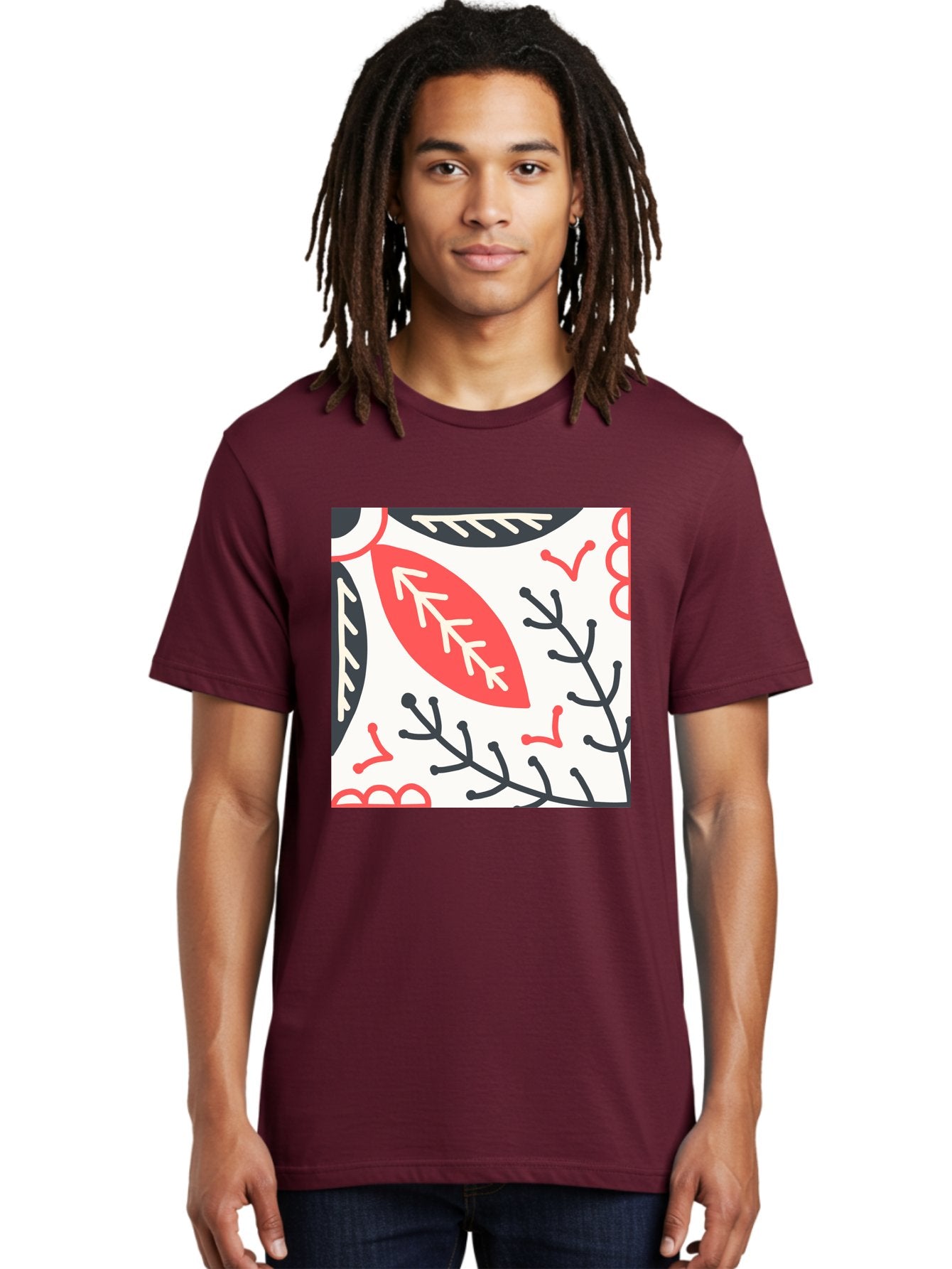 Foliage-Pattern Men'S Graphic Tee, 100% Cotton, Comfortable Casual Summer Wear, Machine Washable, Leaf Pattern, Floral Design, Botanical Art, Red And Black Leaves, Minimalist Style, Abstract Foliage, Decorative Elements, Modern Illustration Aab744 30
