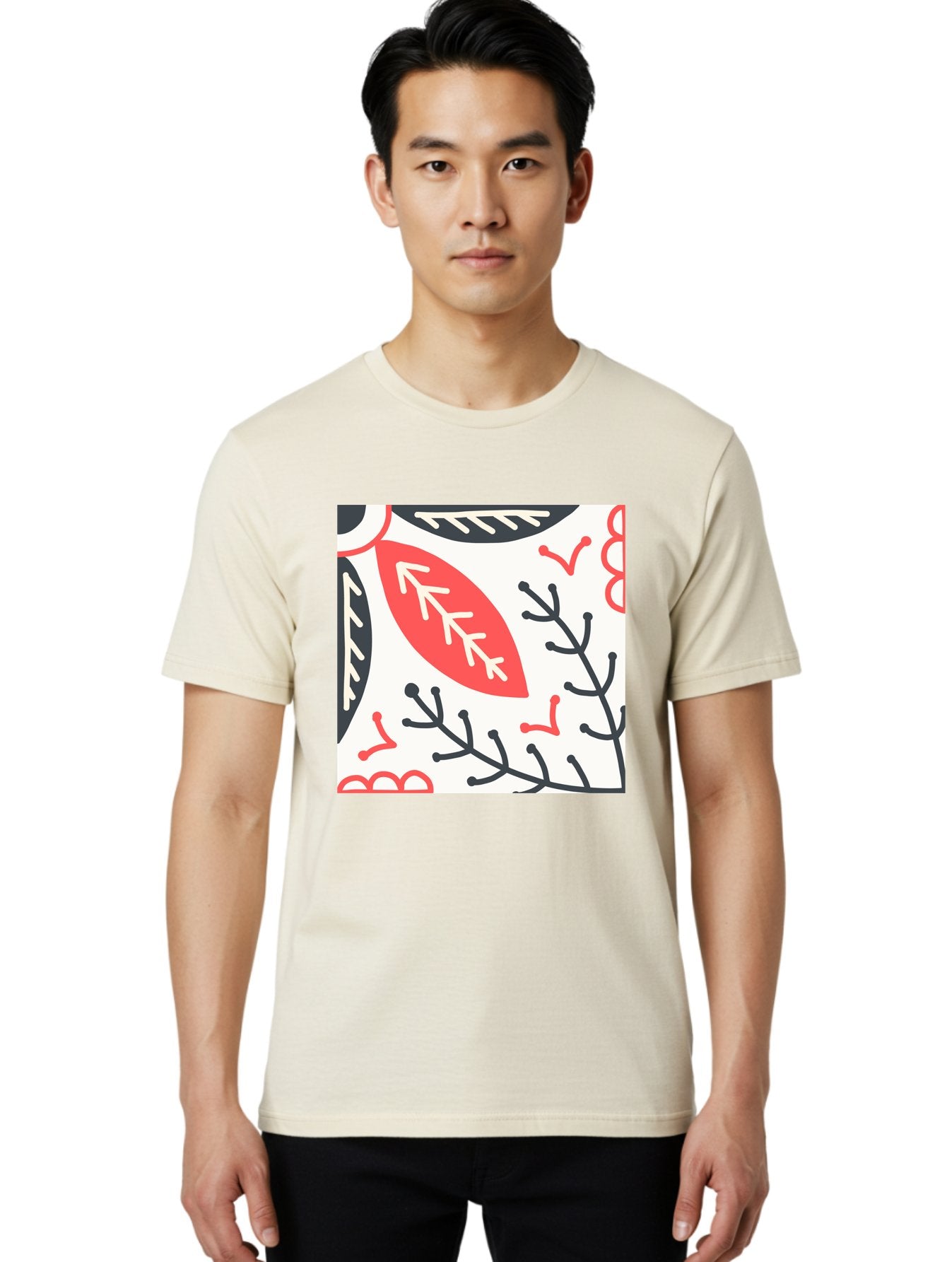 Foliage-Pattern Men'S Graphic Tee, 100% Cotton, Comfortable Casual Summer Wear, Machine Washable, Leaf Pattern, Floral Design, Botanical Art, Red And Black Leaves, Minimalist Style, Abstract Foliage, Decorative Elements, Modern Illustration Aab744 27