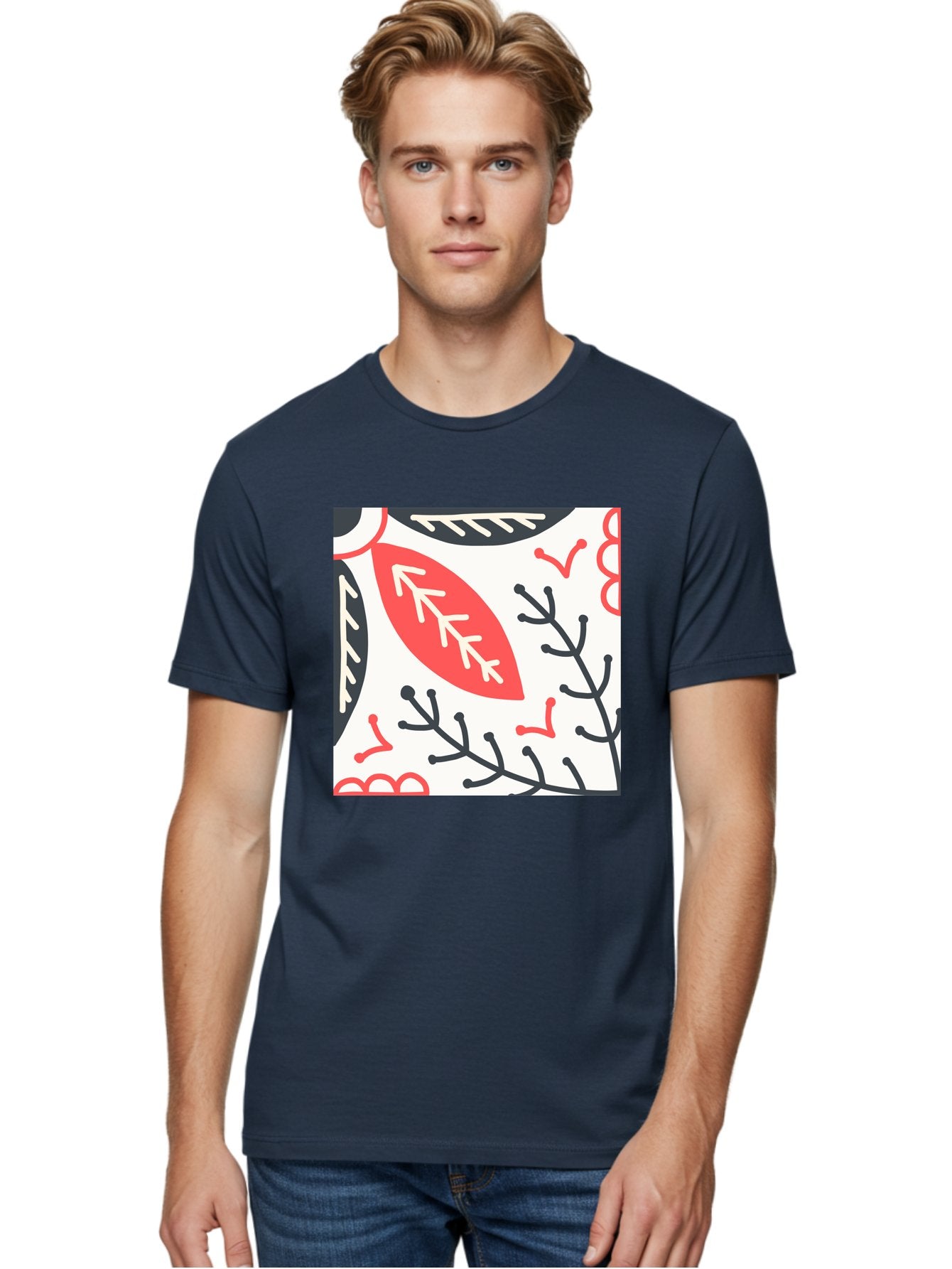 Foliage-Pattern Men'S Graphic Tee, 100% Cotton, Comfortable Casual Summer Wear, Machine Washable, Leaf Pattern, Floral Design, Botanical Art, Red And Black Leaves, Minimalist Style, Abstract Foliage, Decorative Elements, Modern Illustration Aab744 29
