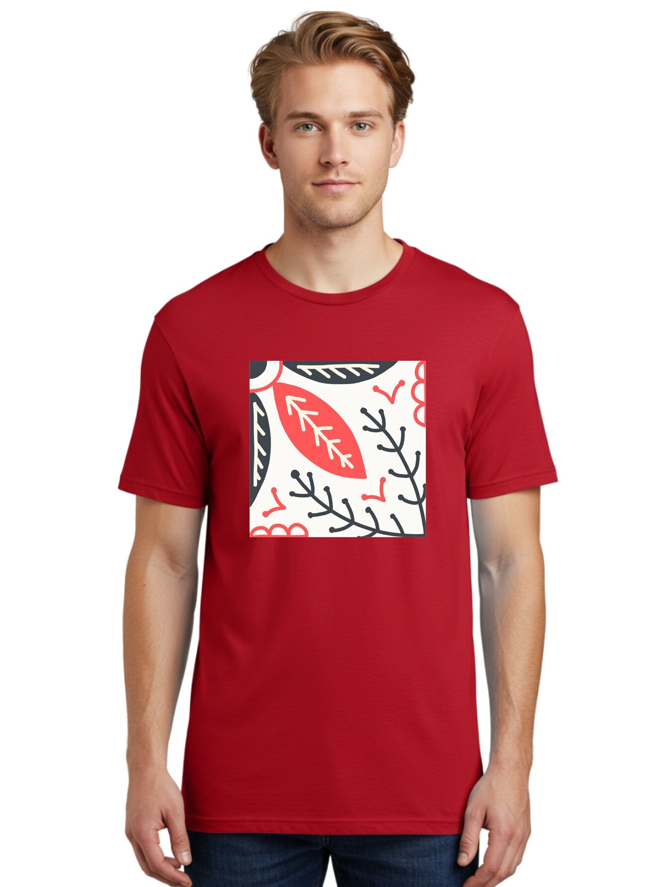 Foliage-Pattern Men'S Graphic Tee, 100% Cotton, Comfortable Casual Summer Wear, Machine Washable, Leaf Pattern, Floral Design, Botanical Art, Red And Black Leaves, Minimalist Style, Abstract Foliage, Decorative Elements, Modern Illustration Aab744 16