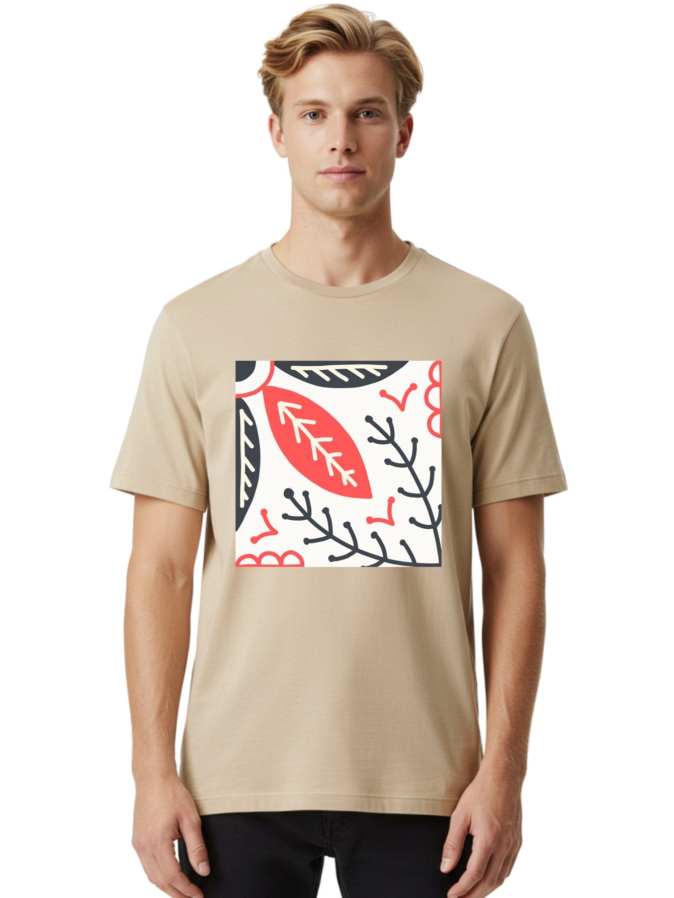 Foliage-Pattern Men'S Graphic Tee, 100% Cotton, Comfortable Casual Summer Wear, Machine Washable, Leaf Pattern, Floral Design, Botanical Art, Red And Black Leaves, Minimalist Style, Abstract Foliage, Decorative Elements, Modern Illustration Aab744 24