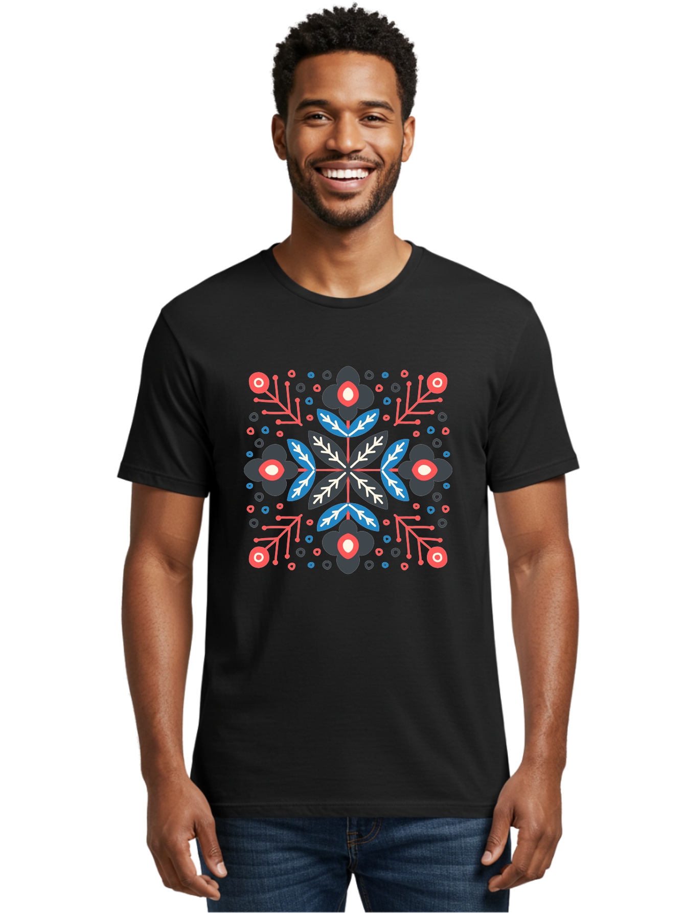 Folk-Floral-Pattern Men'S Graphic Tee, 100% Cotton, Comfortable Casual Summer Wear, Machine Washable, Floral Pattern, Geometric Shapes, Symmetrical Design, Bold Colors, Abstract Flowers, Decorative Art, Vibrant Hues, Modern Motif, Aab745 12