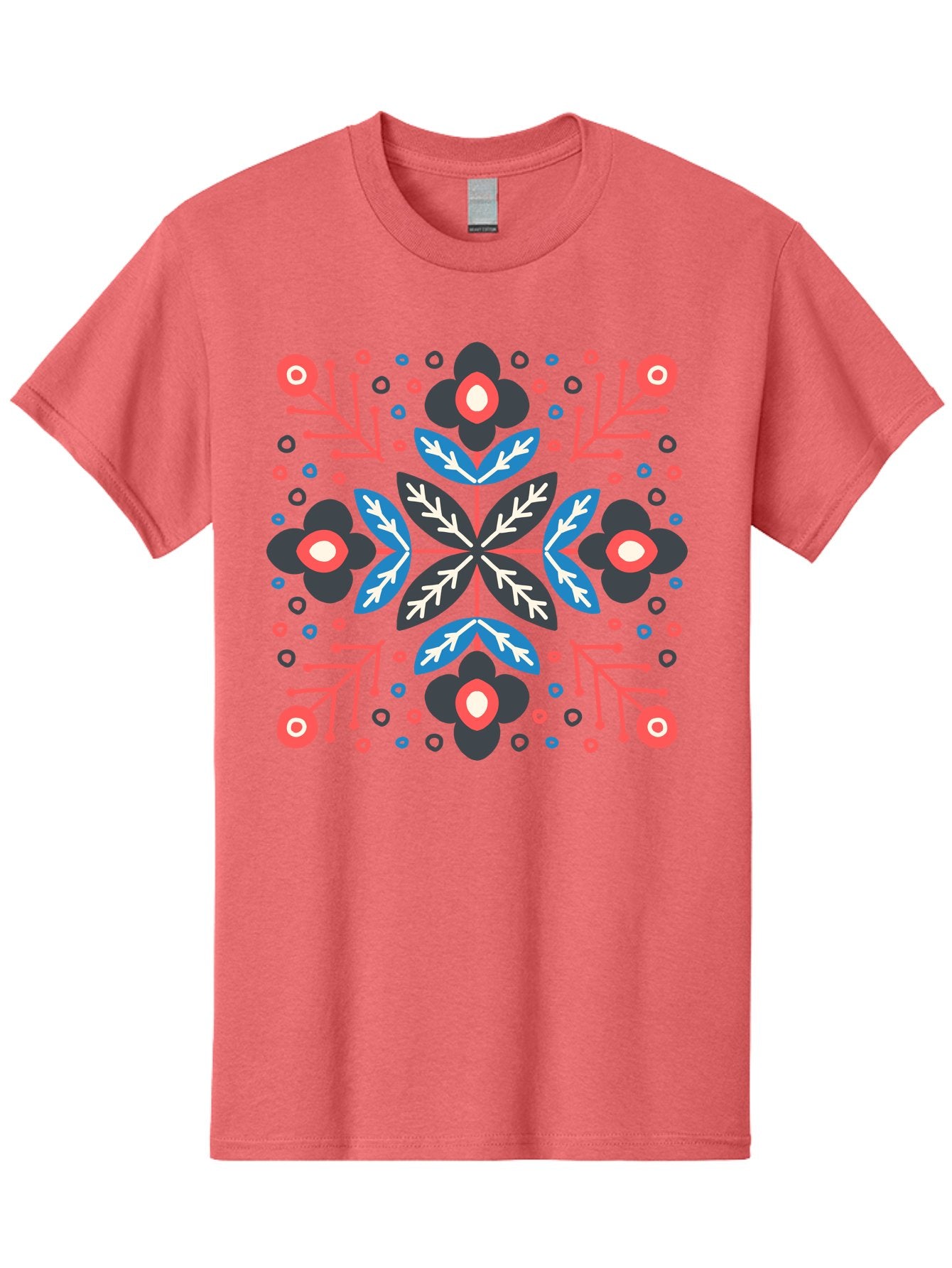 Folk-Floral-Pattern Men'S Graphic Tee, 100% Cotton, Comfortable Casual Summer Wear, Machine Washable, Floral Pattern, Geometric Shapes, Symmetrical Design, Bold Colors, Abstract Flowers, Decorative Art, Vibrant Hues, Modern Motif, Aab745