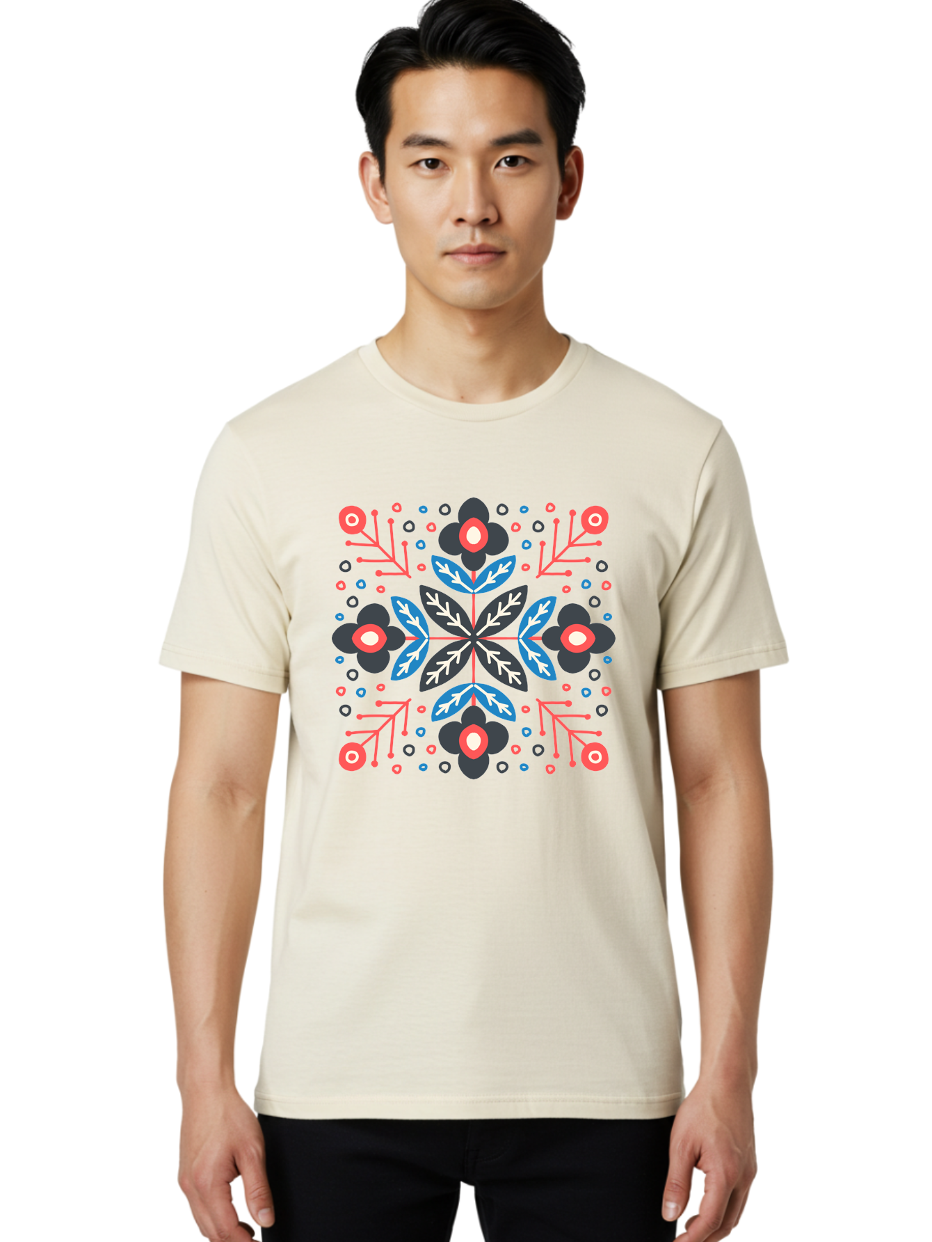 Folk-Floral-Pattern Men'S Graphic Tee, 100% Cotton, Comfortable Casual Summer Wear, Machine Washable, Floral Pattern, Geometric Shapes, Symmetrical Design, Bold Colors, Abstract Flowers, Decorative Art, Vibrant Hues, Modern Motif, Aab745 24