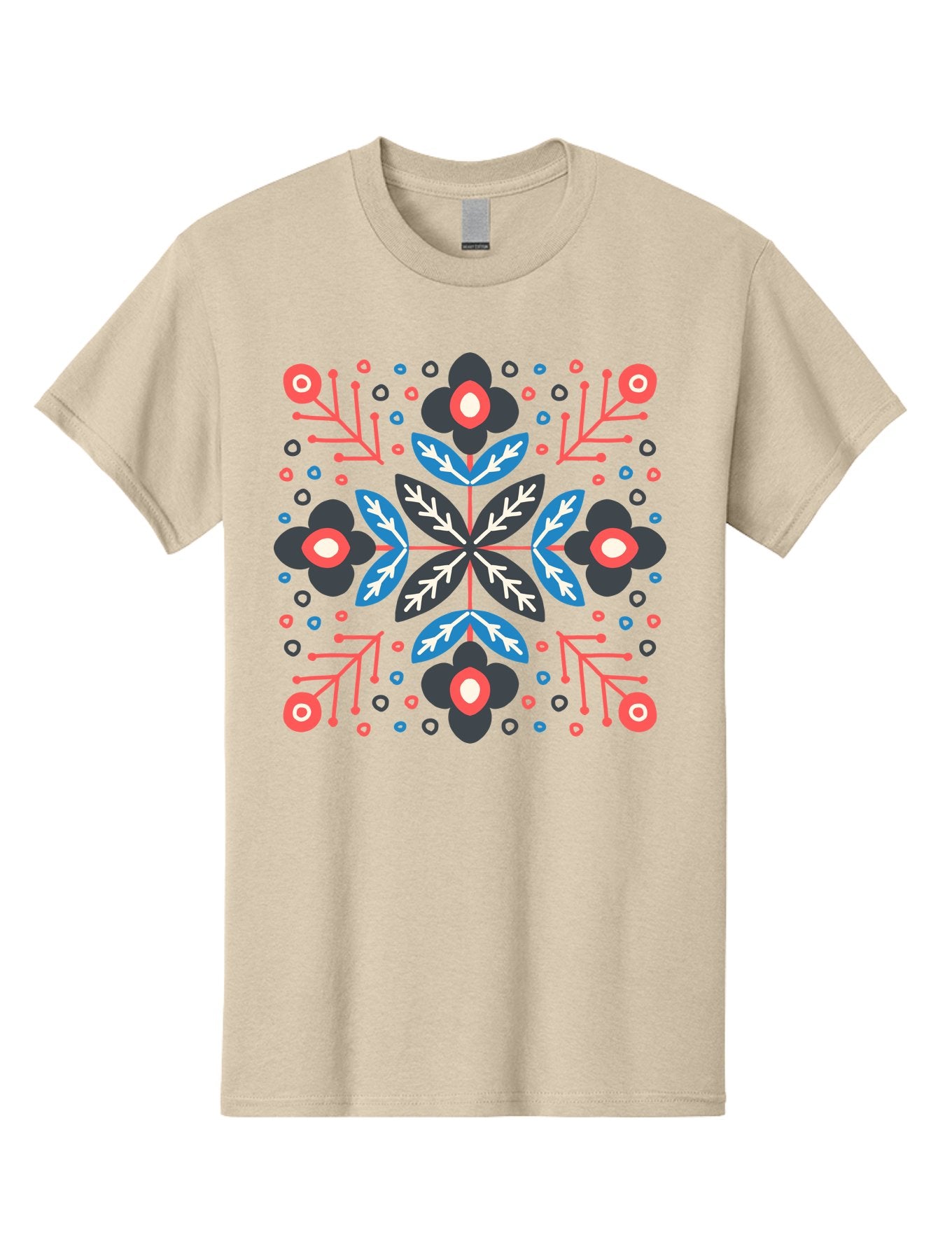 Folk-Floral-Pattern Men'S Graphic Tee, 100% Cotton, Comfortable Casual Summer Wear, Machine Washable, Floral Pattern, Geometric Shapes, Symmetrical Design, Bold Colors, Abstract Flowers, Decorative Art, Vibrant Hues, Modern Motif, Aab745