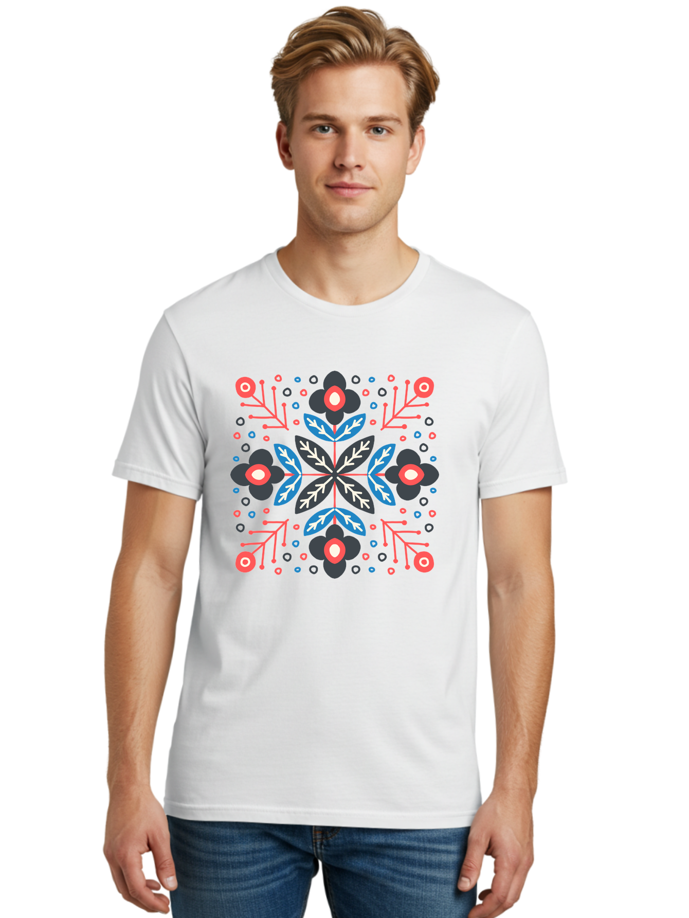 Folk-Floral-Pattern Men'S Graphic Tee, 100% Cotton, Comfortable Casual Summer Wear, Machine Washable, Floral Pattern, Geometric Shapes, Symmetrical Design, Bold Colors, Abstract Flowers, Decorative Art, Vibrant Hues, Modern Motif, Aab745 28