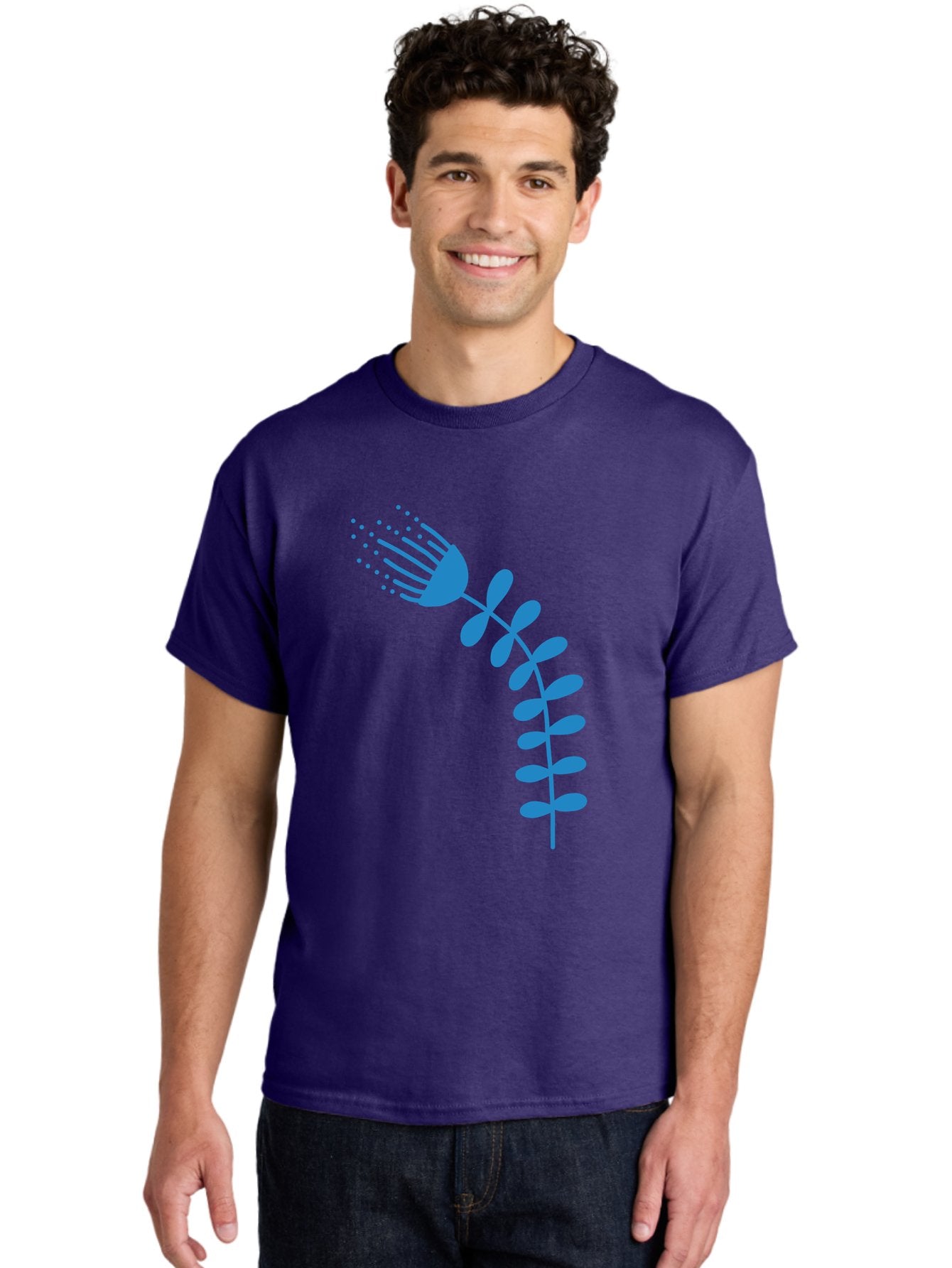 Fork-Plant Men'S Graphic Tee, 100% Cotton, Comfortable Casual Summer Wear, Machine Washable, Stylized Flower, Abstract Art, Minimalist Design, Blue Silhouette, Botanical Illustration, Creative Graphics Aab746 18