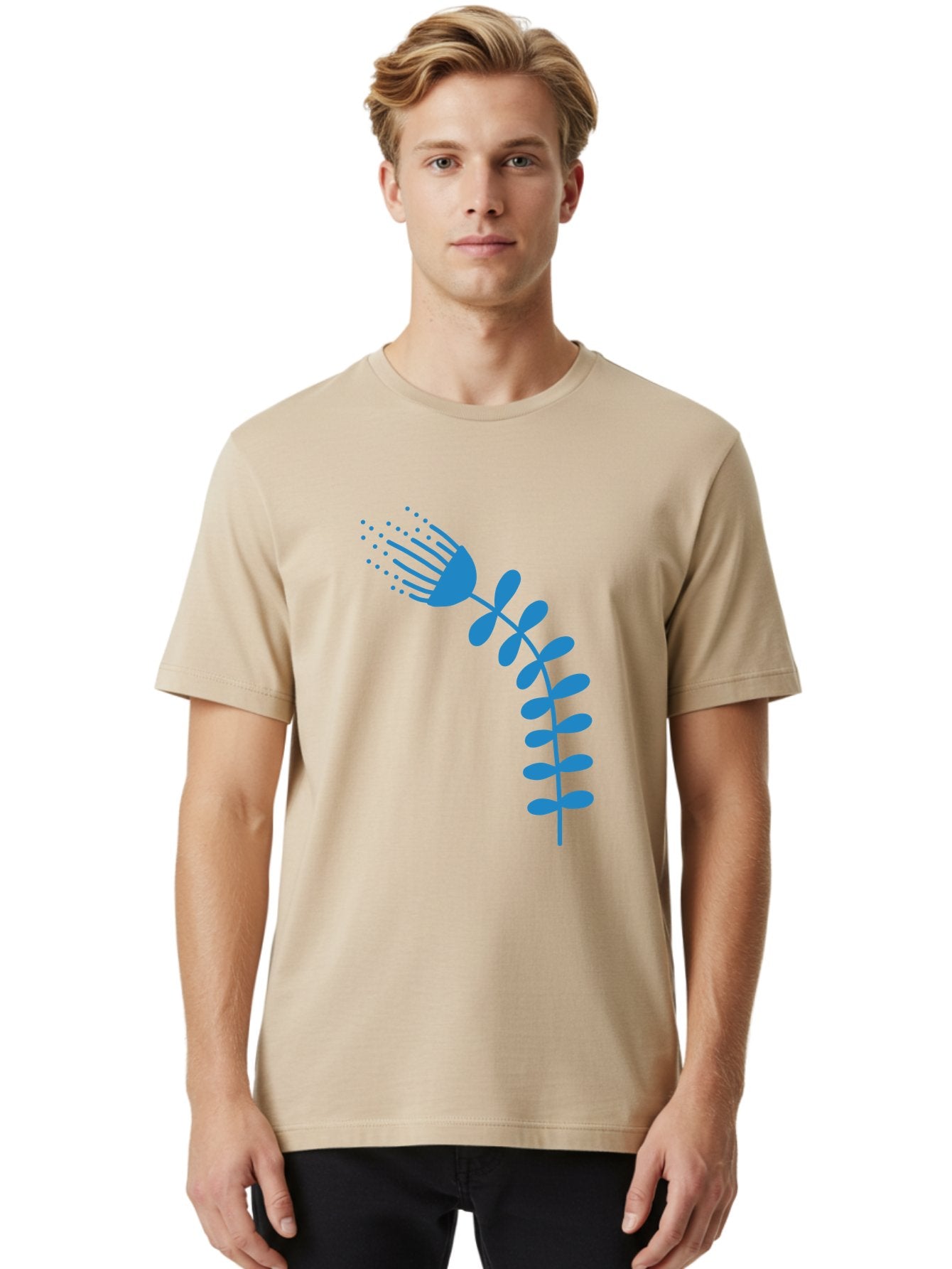 Fork-Plant Men'S Graphic Tee, 100% Cotton, Comfortable Casual Summer Wear, Machine Washable, Stylized Flower, Abstract Art, Minimalist Design, Blue Silhouette, Botanical Illustration, Creative Graphics Aab746 17