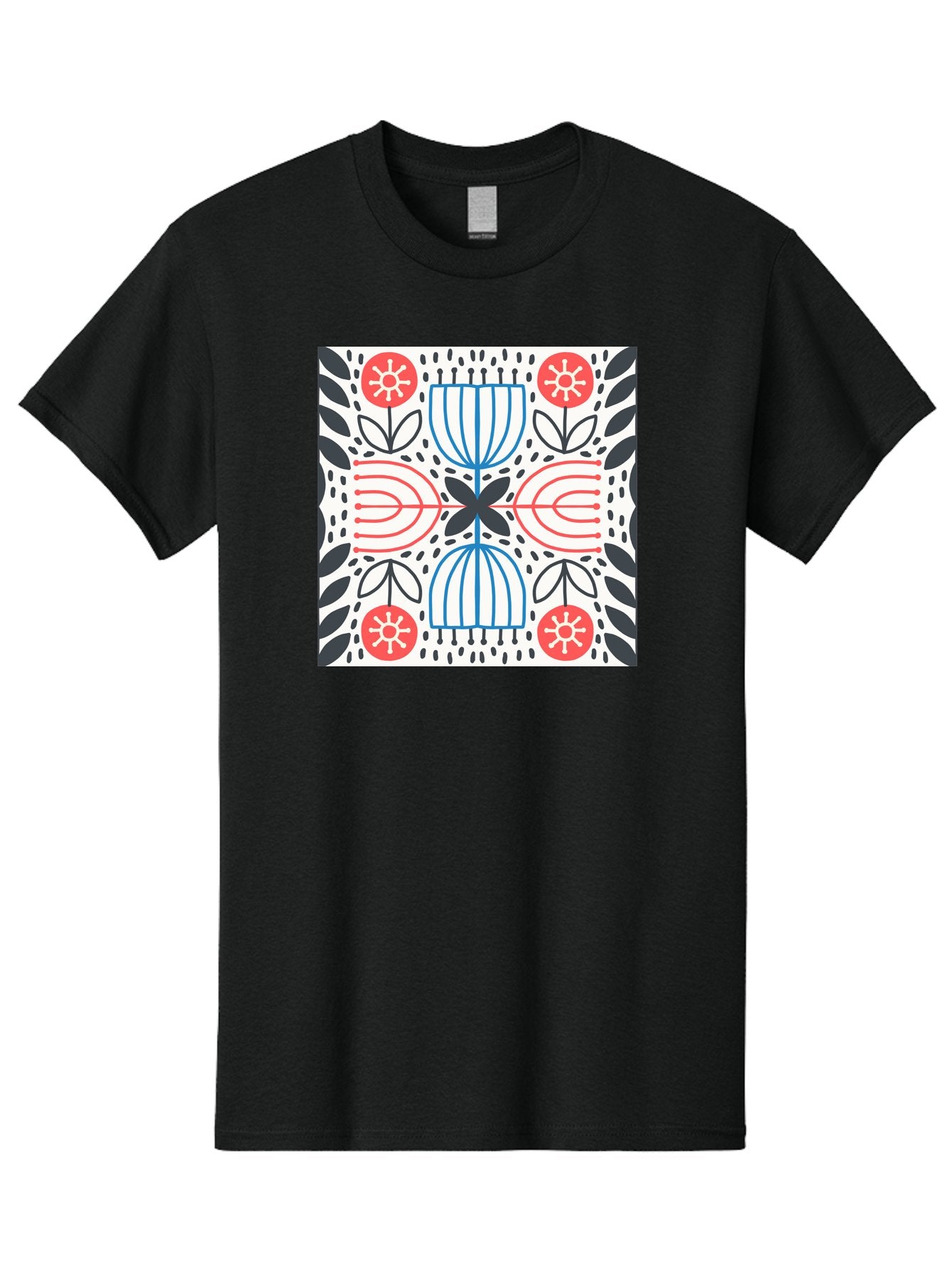 Geometric-Floral-Pattern Men'S Graphic Tee, 100% Cotton, Comfortable Casual Summer Wear, Machine Washable, Symmetrical Pattern, Floral Art, Abstract Design, Red And Blue Flowers, Black Leaves, Creative Symmetry, Geometric Shapes, Aab747 13