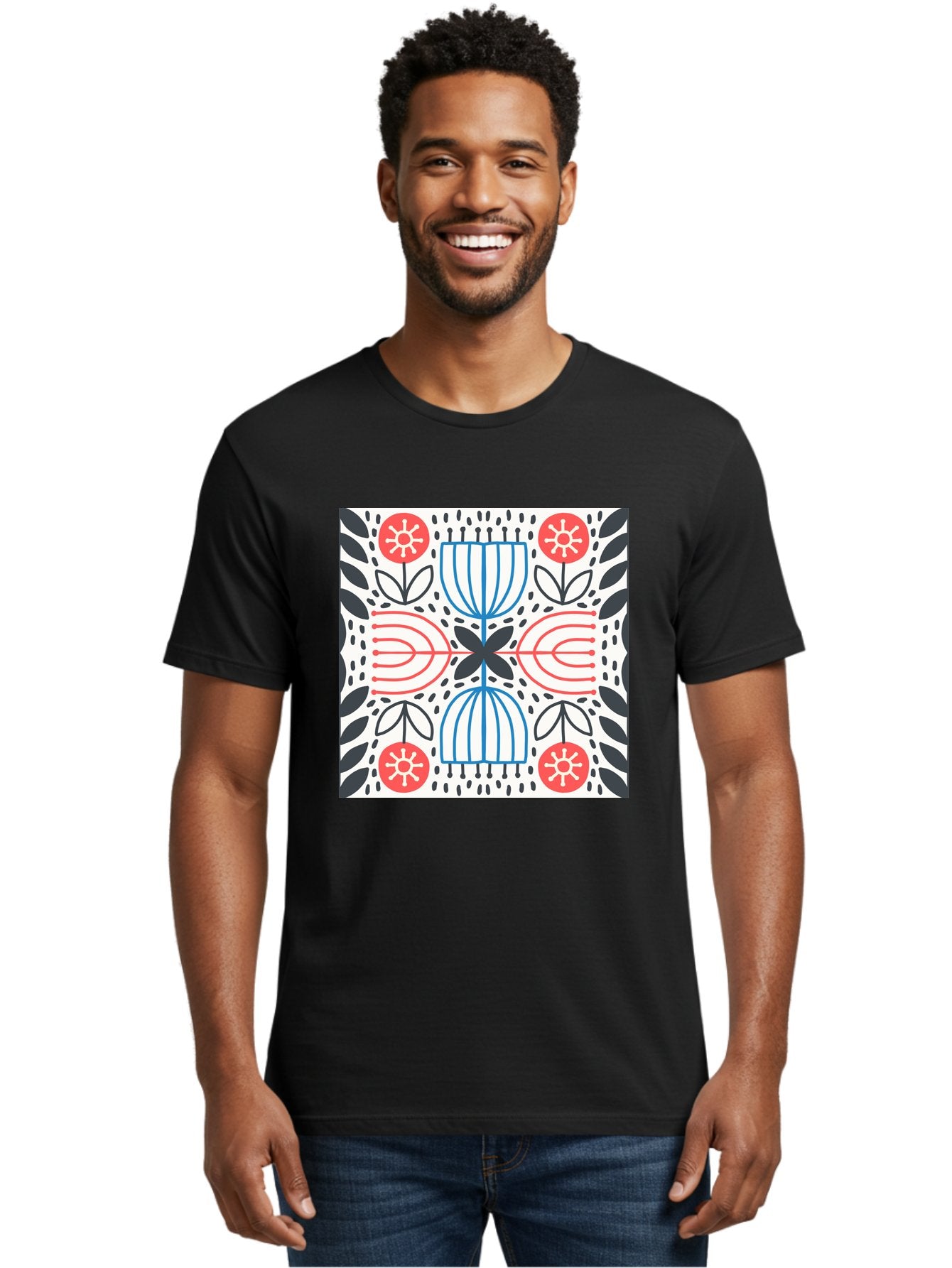 Geometric-Floral-Pattern Men'S Graphic Tee, 100% Cotton, Comfortable Casual Summer Wear, Machine Washable, Symmetrical Pattern, Floral Art, Abstract Design, Red And Blue Flowers, Black Leaves, Creative Symmetry, Geometric Shapes, Aab747 14
