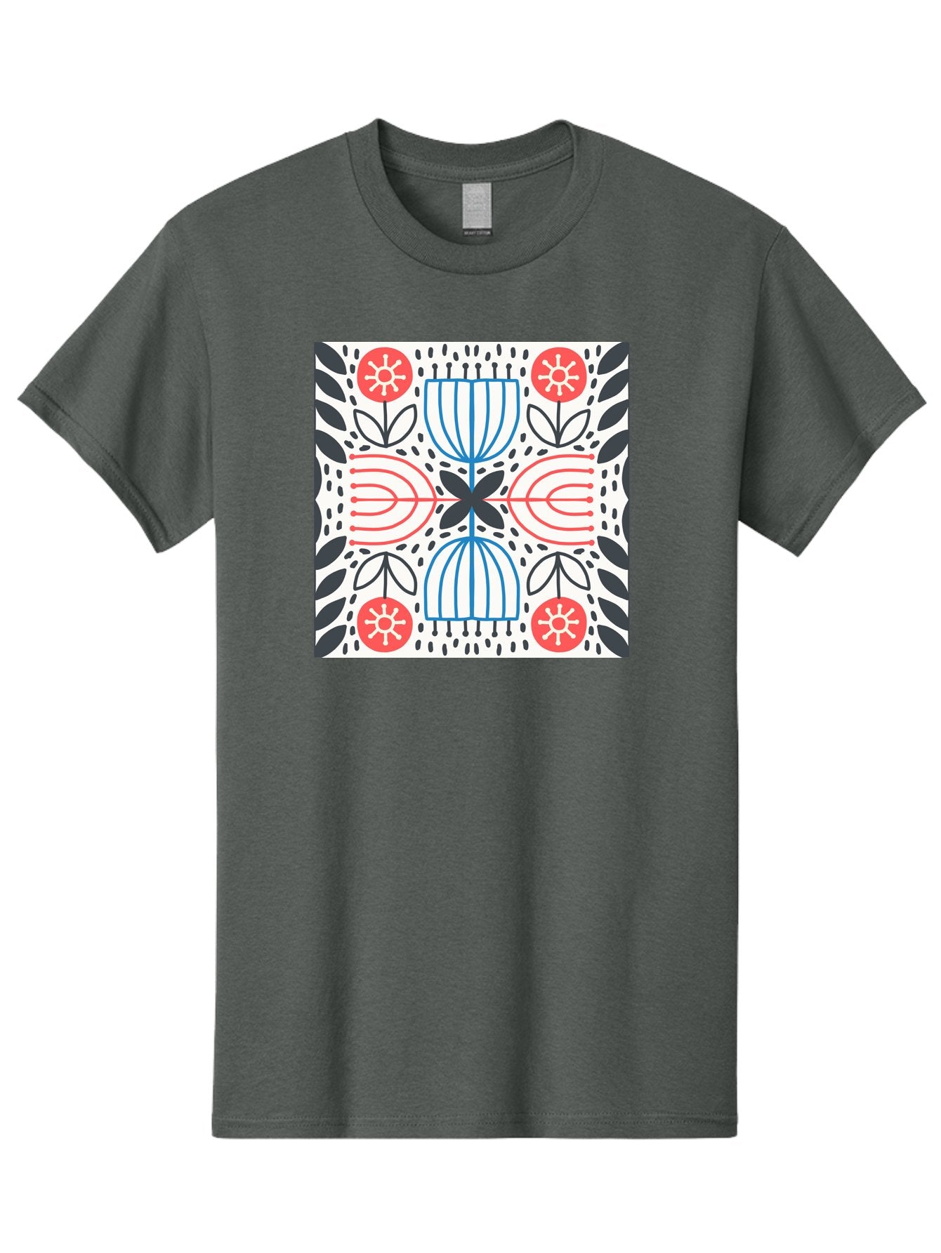 Geometric-Floral-Pattern Men'S Graphic Tee, 100% Cotton, Comfortable Casual Summer Wear, Machine Washable, Symmetrical Pattern, Floral Art, Abstract Design, Red And Blue Flowers, Black Leaves, Creative Symmetry, Geometric Shapes, Aab747 25