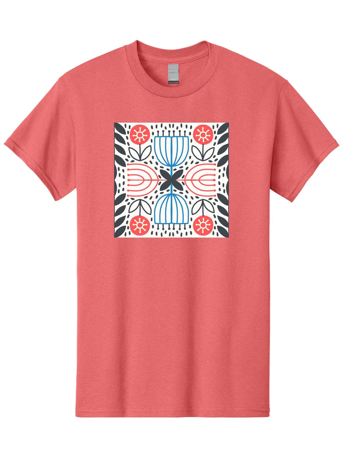 Geometric-Floral-Pattern Men'S Graphic Tee, 100% Cotton, Comfortable Casual Summer Wear, Machine Washable, Symmetrical Pattern, Floral Art, Abstract Design, Red And Blue Flowers, Black Leaves, Creative Symmetry, Geometric Shapes, Aab747 11