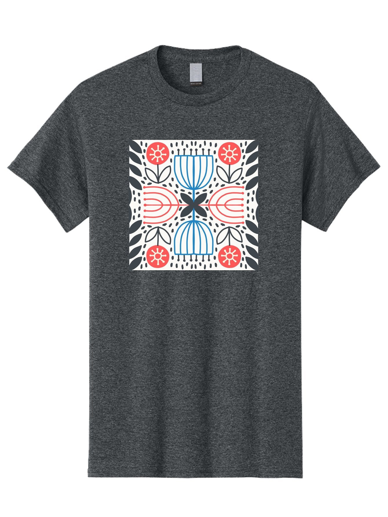 Geometric-Floral-Pattern Men'S Graphic Tee, 100% Cotton, Comfortable Casual Summer Wear, Machine Washable, Symmetrical Pattern, Floral Art, Abstract Design, Red And Blue Flowers, Black Leaves, Creative Symmetry, Geometric Shapes, Aab747 19