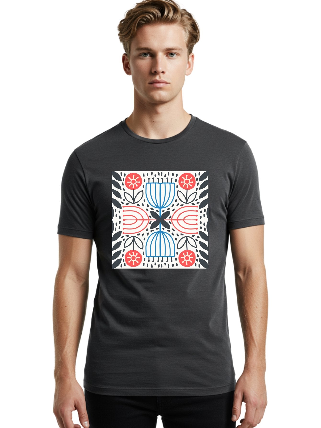 Geometric-Floral-Pattern Men'S Graphic Tee, 100% Cotton, Comfortable Casual Summer Wear, Machine Washable, Symmetrical Pattern, Floral Art, Abstract Design, Red And Blue Flowers, Black Leaves, Creative Symmetry, Geometric Shapes, Aab747 20