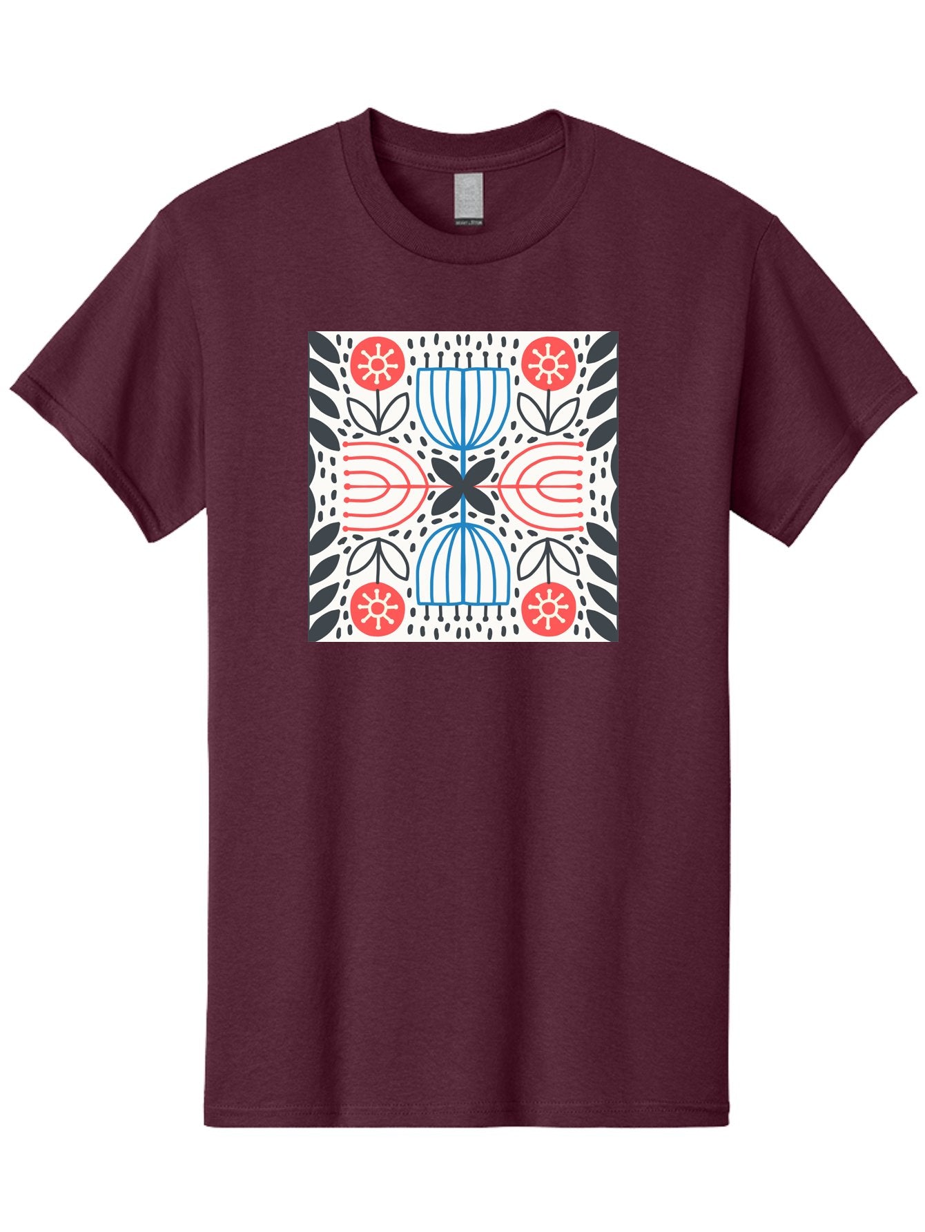 Geometric-Floral-Pattern Men'S Graphic Tee, 100% Cotton, Comfortable Casual Summer Wear, Machine Washable, Symmetrical Pattern, Floral Art, Abstract Design, Red And Blue Flowers, Black Leaves, Creative Symmetry, Geometric Shapes, Aab747 21