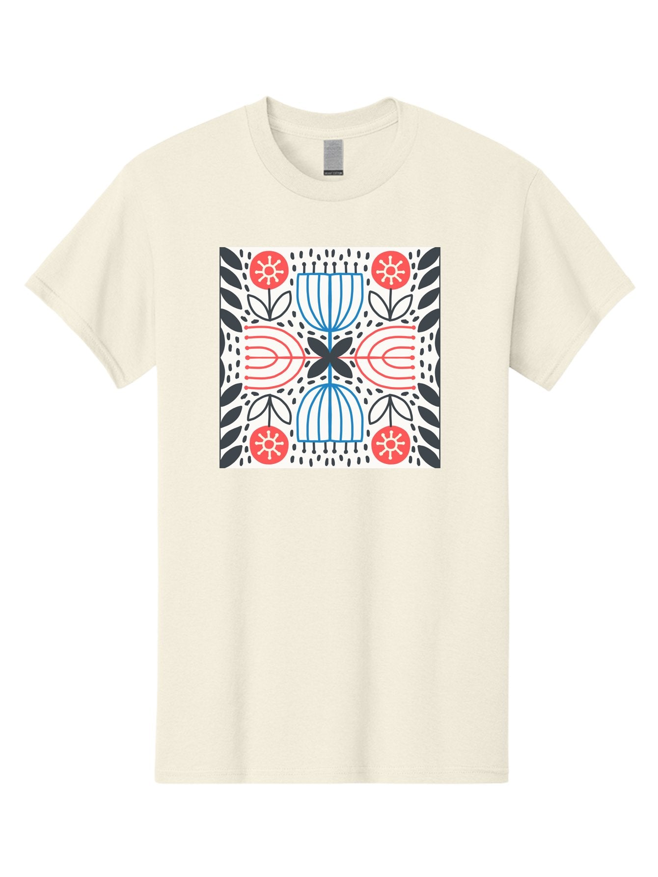 Geometric-Floral-Pattern Men'S Graphic Tee, 100% Cotton, Comfortable Casual Summer Wear, Machine Washable, Symmetrical Pattern, Floral Art, Abstract Design, Red And Blue Flowers, Black Leaves, Creative Symmetry, Geometric Shapes, Aab747 3
