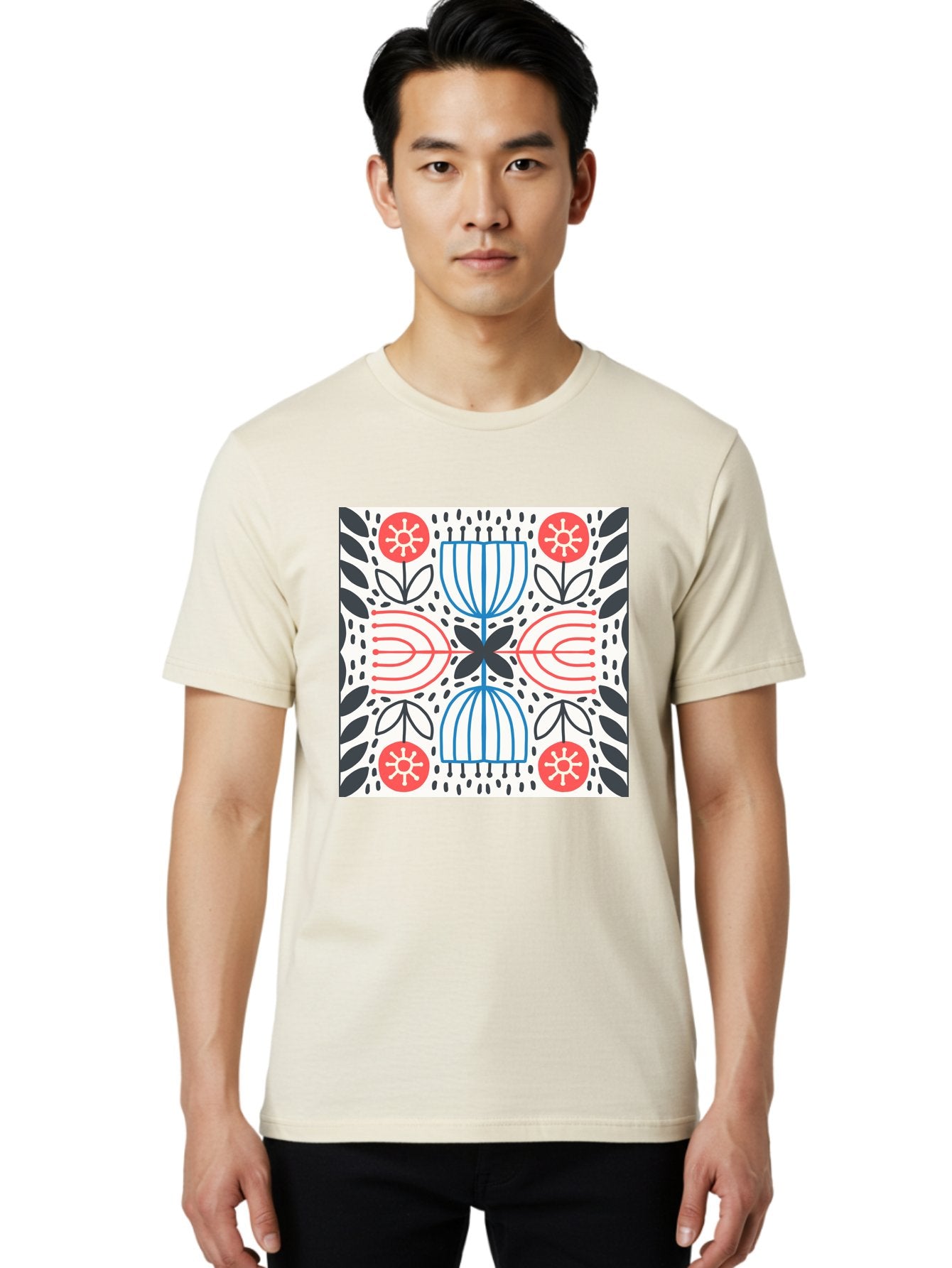 Geometric-Floral-Pattern Men'S Graphic Tee, 100% Cotton, Comfortable Casual Summer Wear, Machine Washable, Symmetrical Pattern, Floral Art, Abstract Design, Red And Blue Flowers, Black Leaves, Creative Symmetry, Geometric Shapes, Aab747 4