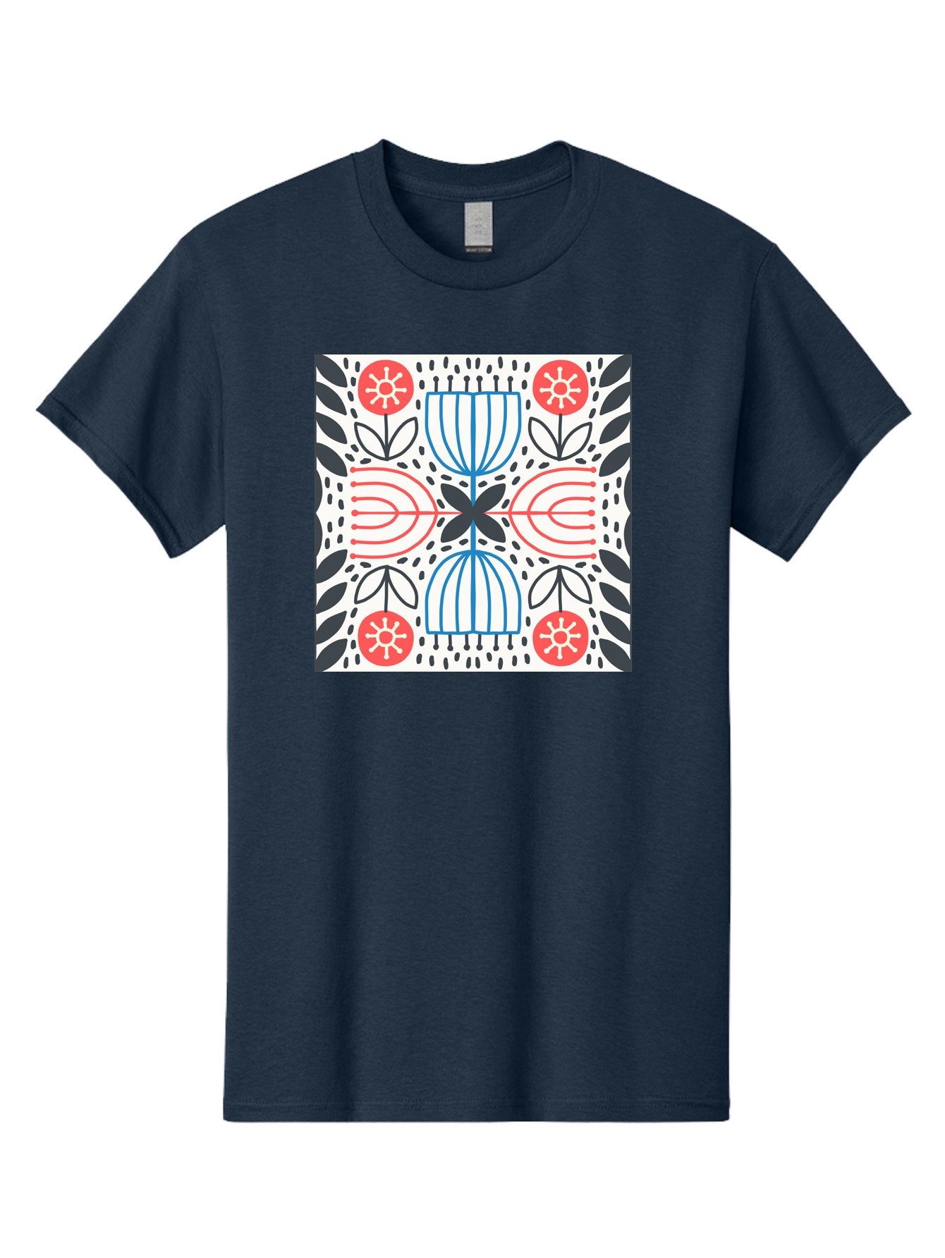 Geometric-Floral-Pattern Men'S Graphic Tee, 100% Cotton, Comfortable Casual Summer Wear, Machine Washable, Symmetrical Pattern, Floral Art, Abstract Design, Red And Blue Flowers, Black Leaves, Creative Symmetry, Geometric Shapes, Aab747 15