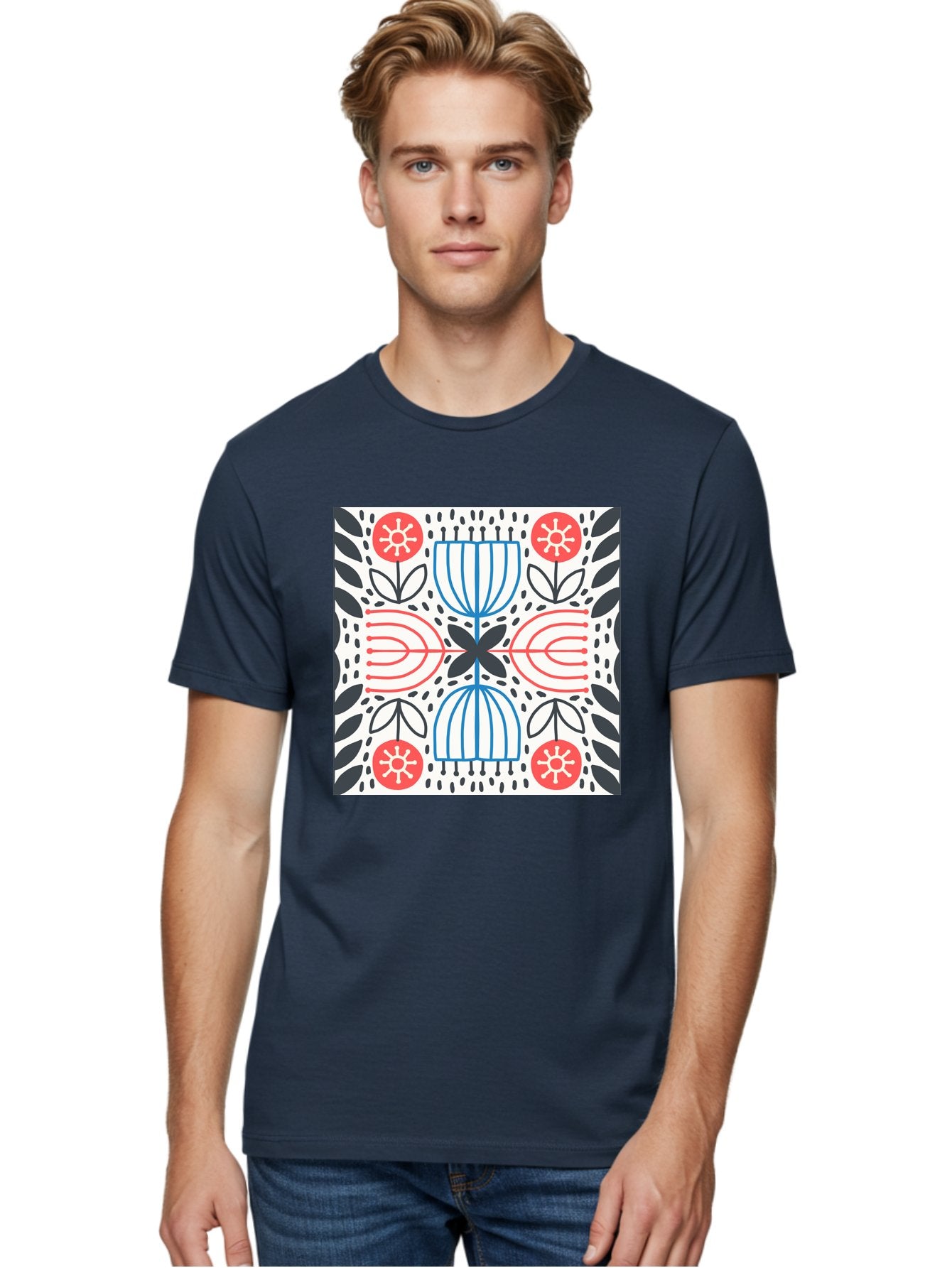 Geometric-Floral-Pattern Men'S Graphic Tee, 100% Cotton, Comfortable Casual Summer Wear, Machine Washable, Symmetrical Pattern, Floral Art, Abstract Design, Red And Blue Flowers, Black Leaves, Creative Symmetry, Geometric Shapes, Aab747 16