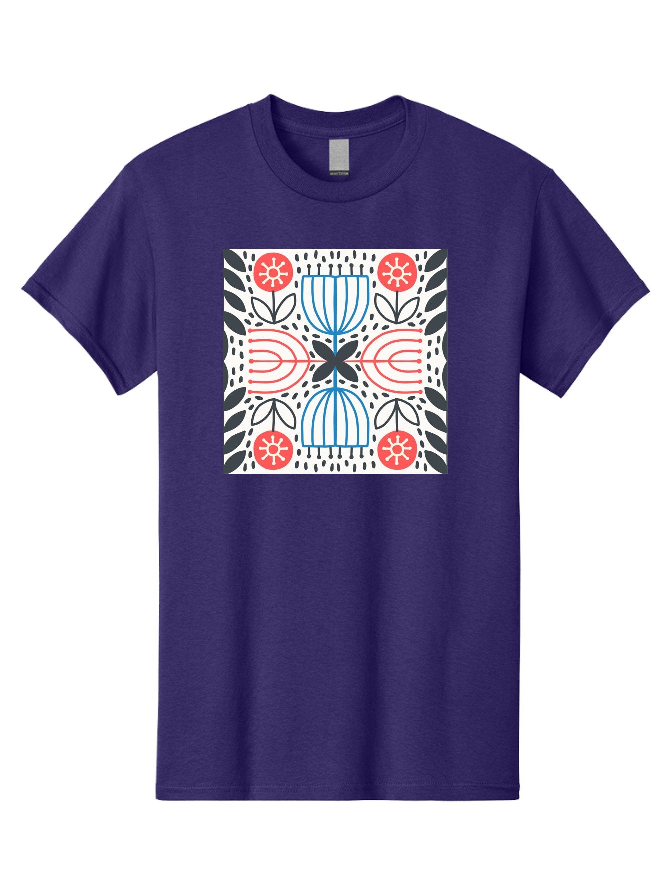 Geometric-Floral-Pattern Men'S Graphic Tee, 100% Cotton, Comfortable Casual Summer Wear, Machine Washable, Symmetrical Pattern, Floral Art, Abstract Design, Red And Blue Flowers, Black Leaves, Creative Symmetry, Geometric Shapes, Aab747 9
