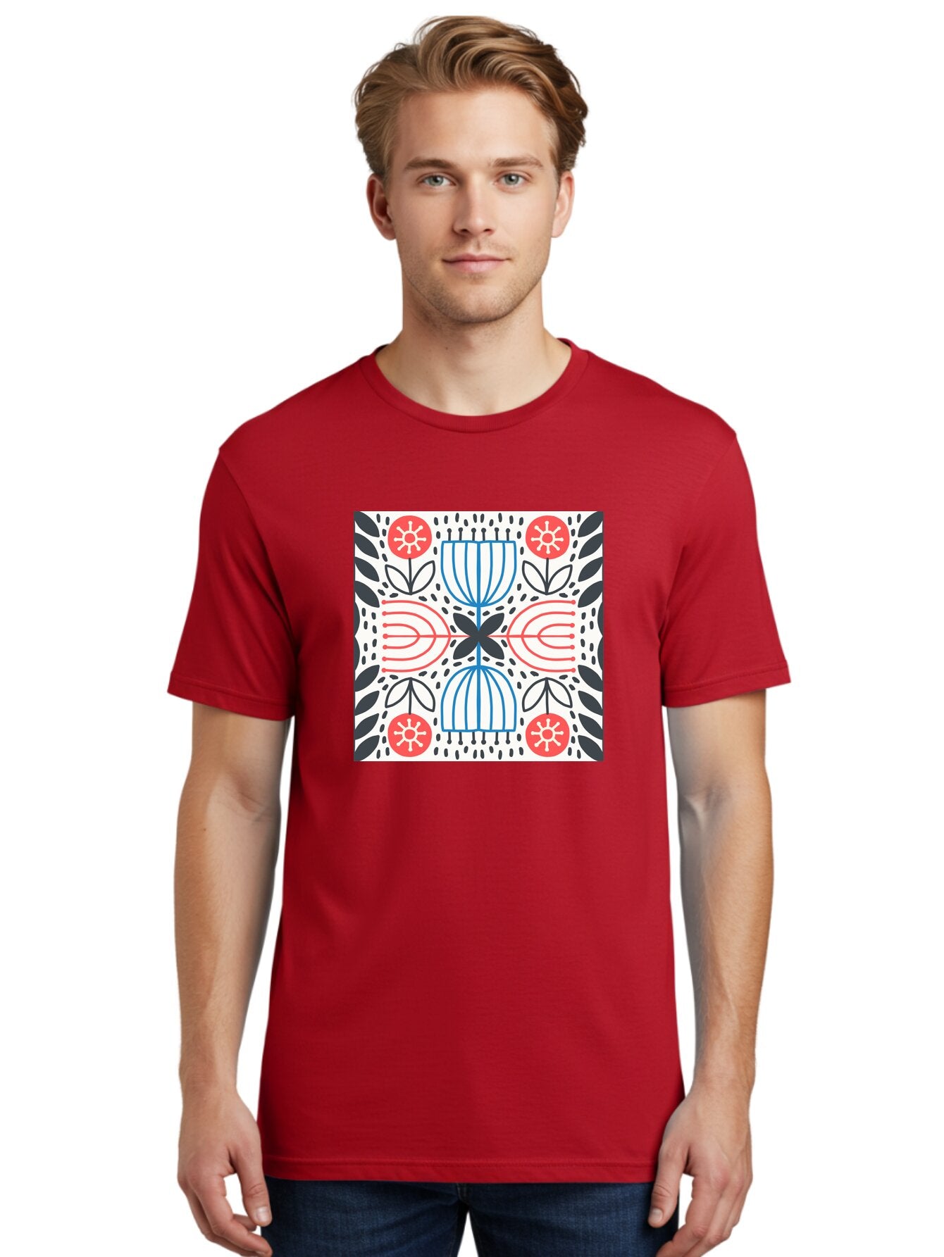 Geometric-Floral-Pattern Men'S Graphic Tee, 100% Cotton, Comfortable Casual Summer Wear, Machine Washable, Symmetrical Pattern, Floral Art, Abstract Design, Red And Blue Flowers, Black Leaves, Creative Symmetry, Geometric Shapes, Aab747 18