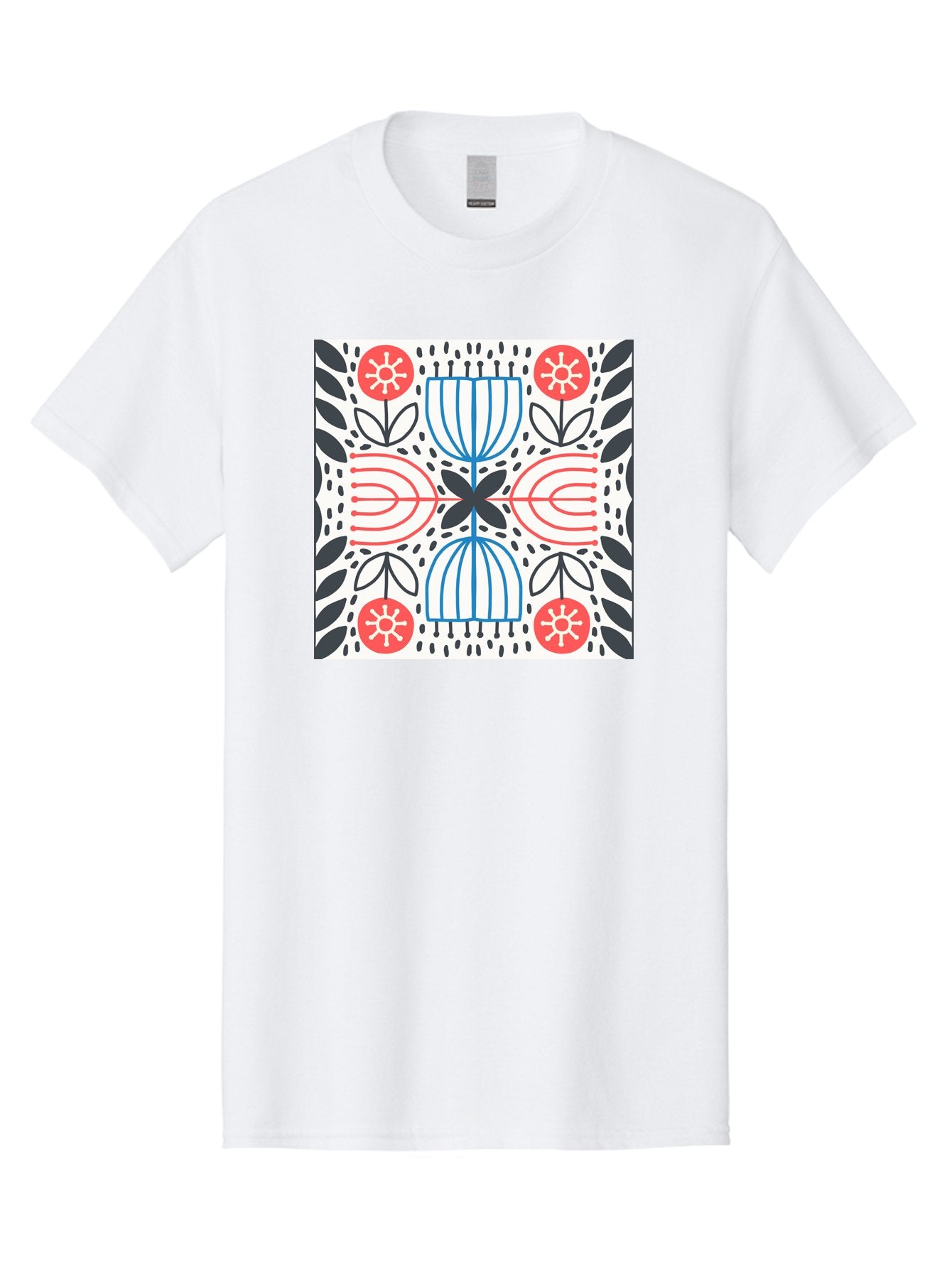 Geometric-Floral-Pattern Men'S Graphic Tee, 100% Cotton, Comfortable Casual Summer Wear, Machine Washable, Symmetrical Pattern, Floral Art, Abstract Design, Red And Blue Flowers, Black Leaves, Creative Symmetry, Geometric Shapes, Aab747 5