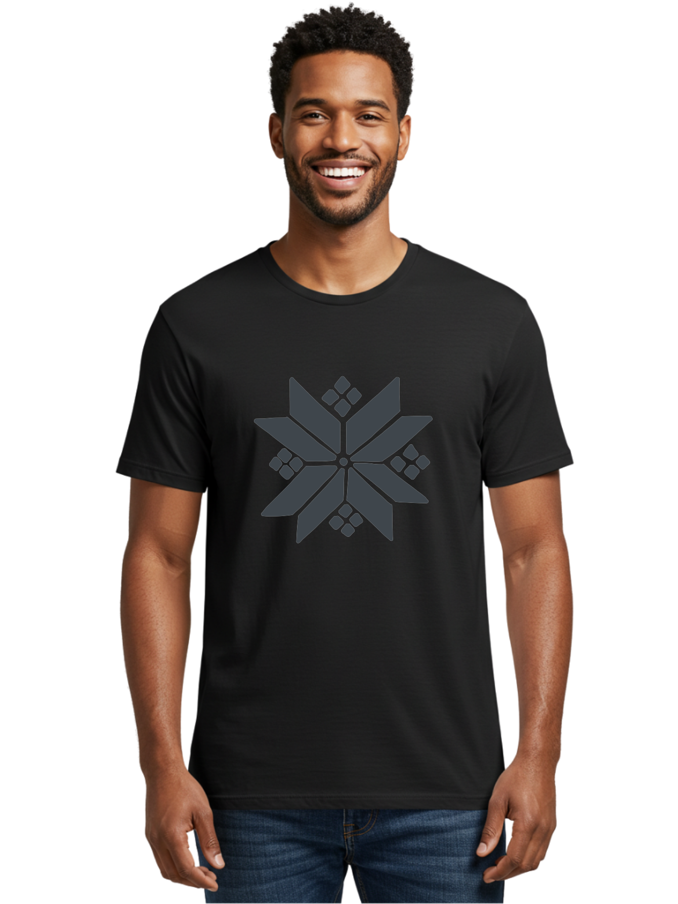 Geometric-Flower Men'S Graphic Tee, 100% Cotton, Comfortable Casual Summer Wear, Machine Washable, Grey Snowflake Design, Geometric Shapes, Symmetrical Pattern, Modern Art, Abstract Graphics, Minimalist Style, Frosty Motif Aab748 4