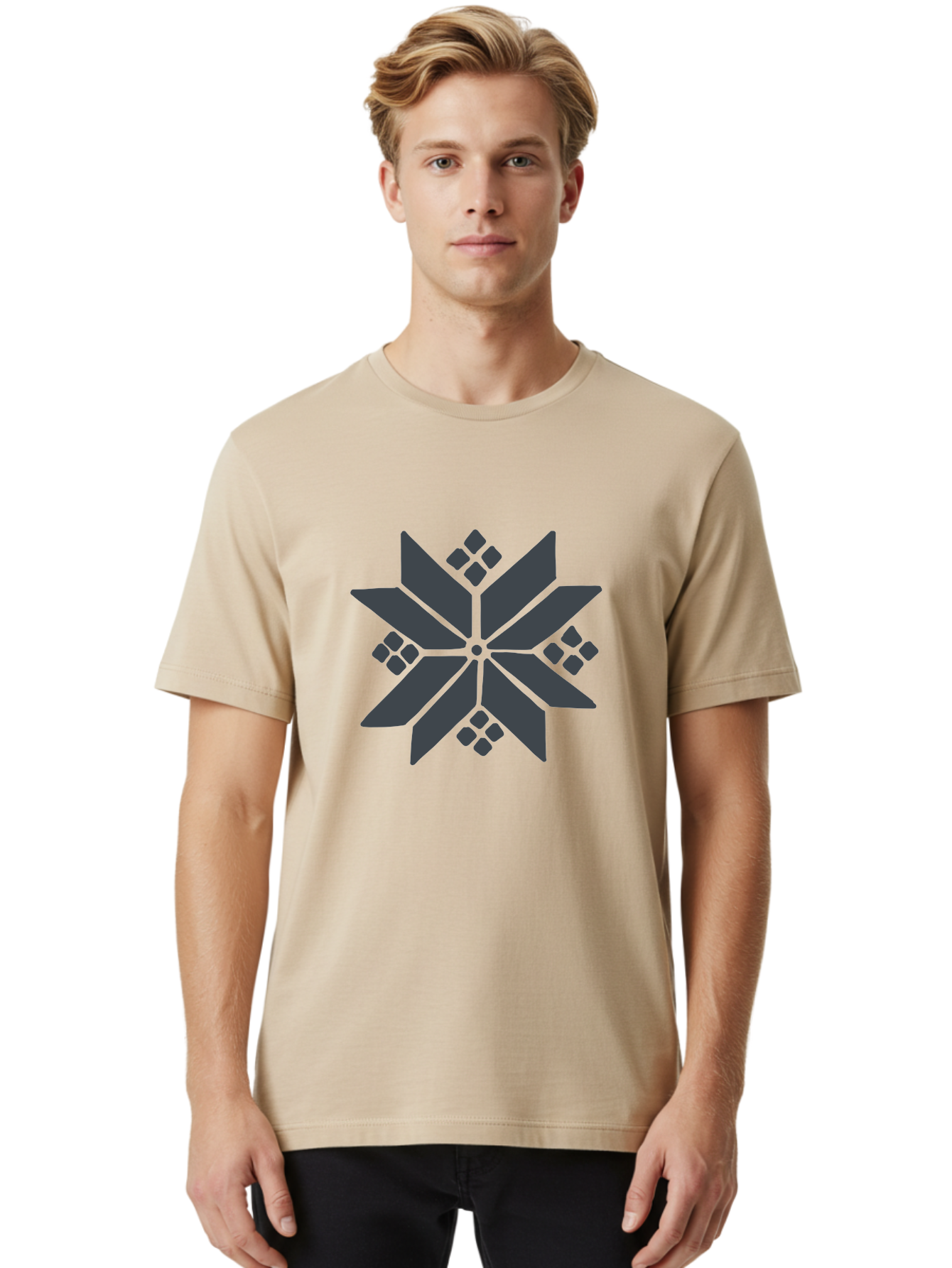 Geometric-Flower Men'S Graphic Tee, 100% Cotton, Comfortable Casual Summer Wear, Machine Washable, Grey Snowflake Design, Geometric Shapes, Symmetrical Pattern, Modern Art, Abstract Graphics, Minimalist Style, Frosty Motif Aab748 12