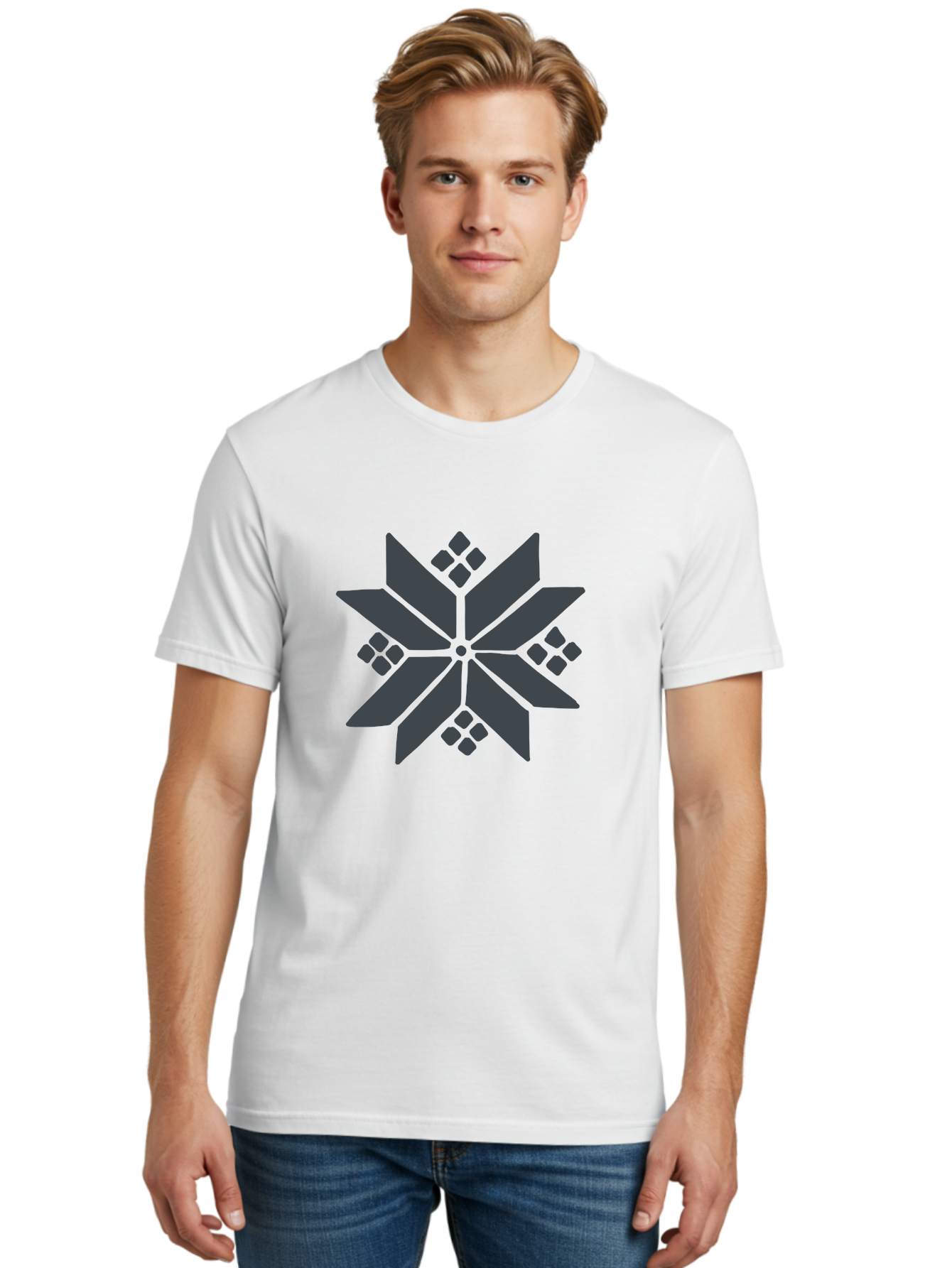 Geometric-Flower Men'S Graphic Tee, 100% Cotton, Comfortable Casual Summer Wear, Machine Washable, Grey Snowflake Design, Geometric Shapes, Symmetrical Pattern, Modern Art, Abstract Graphics, Minimalist Style, Frosty Motif Aab748 8