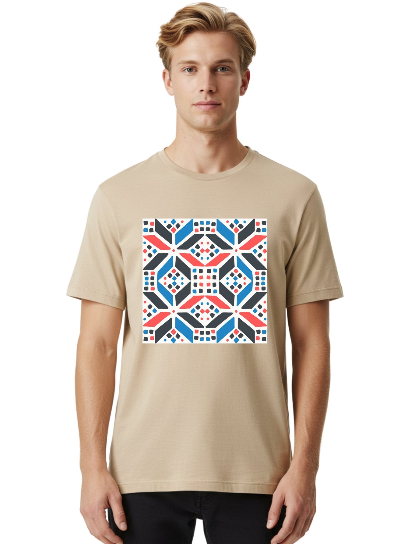 Geometric-Pattern-1 Men'S Graphic Tee, 100% Cotton, Comfortable Casual Summer Wear, Machine Washable, Geometric Pattern, Abstract Design, Colorful Shapes, Diamond Pattern, Bold Colors, Modern Art, Geometric Art, Symmetrical Design, Aab749 23